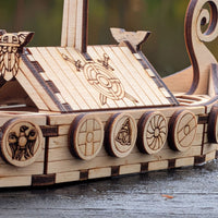 Medieval Viking Ship - Miniature Model with Dragon Head and Shields -Glowforge