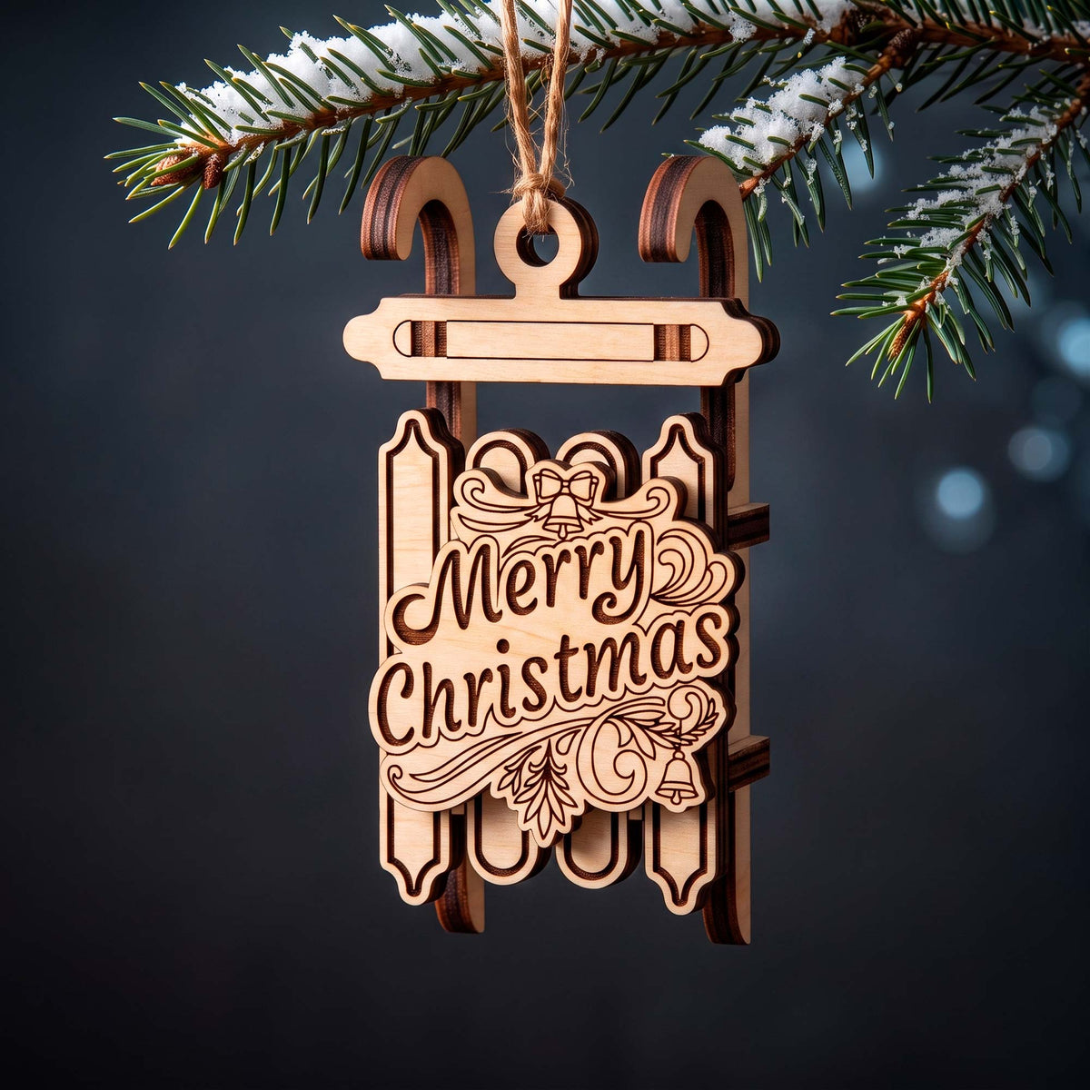 Merry Christmas Wreath Sled Ornament - Glowforge