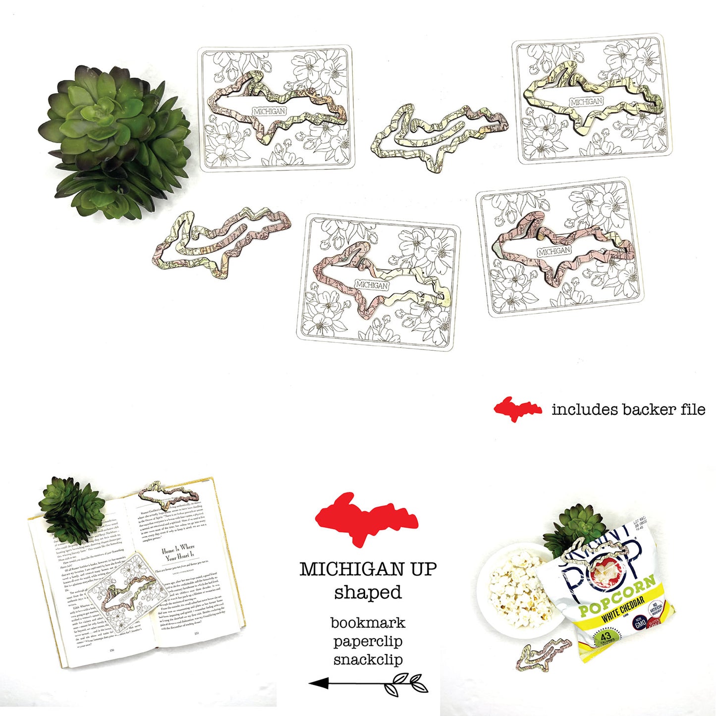 Michigan UP Shaped Bookmark with Card Backer - Paperclip - Snack Bag Closure - Glowforge