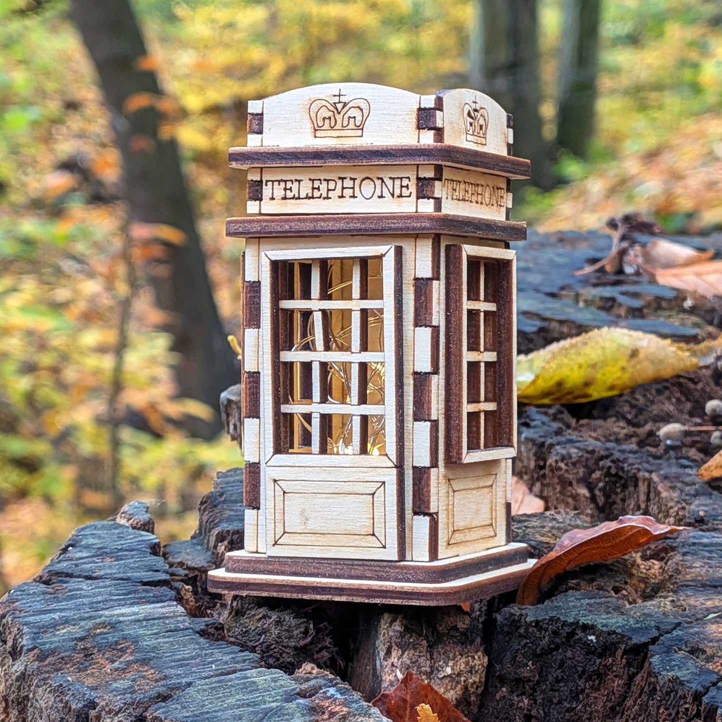 Mini Wooden Telephone Booth - Small Storage Box with Opening Lid - Glowforge