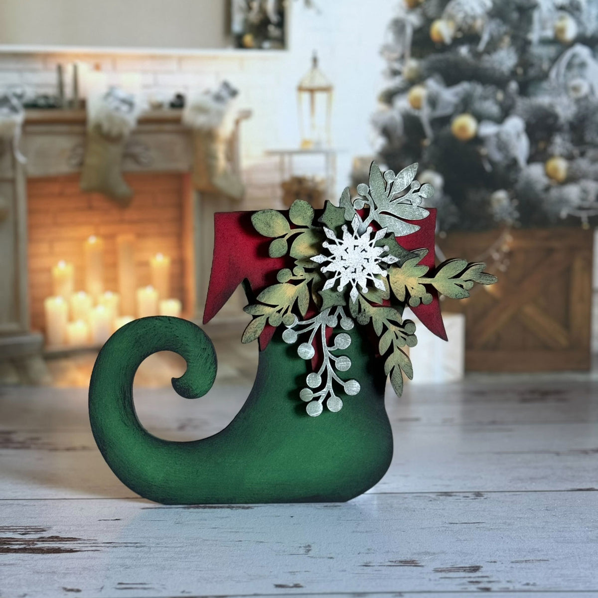 Mistletoe and Holly Adorned Elf Boot Shelf Sitter - Glowforge