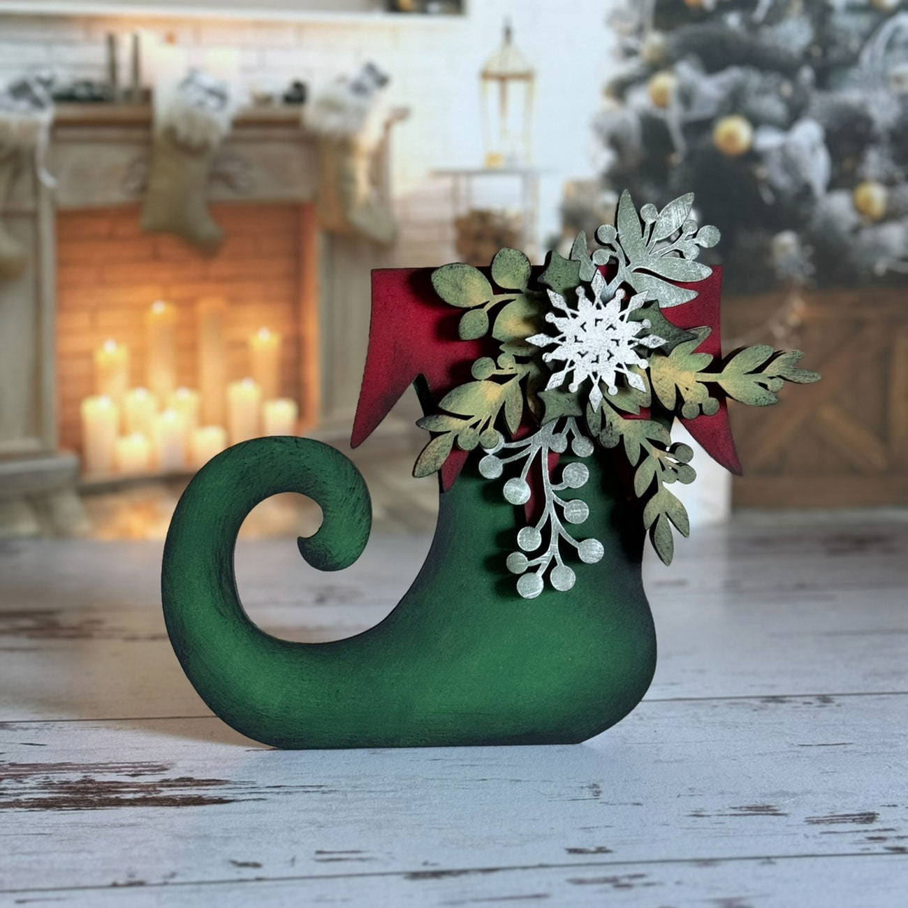 Mistletoe and Holly Adorned Elf Boot Shelf Sitter - Glowforge