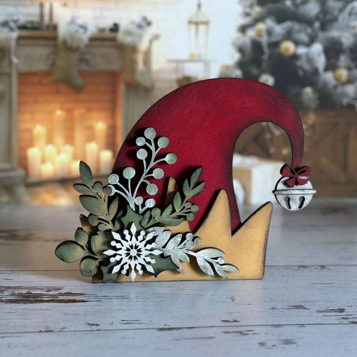 Mistletoe and Holly Adorned Elf Hat Shelf Sitter - Glowforge