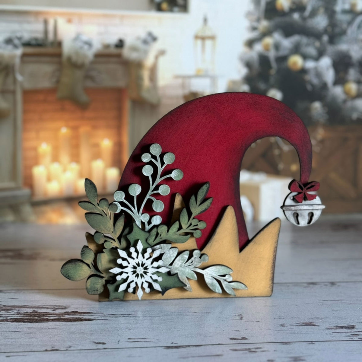 Mistletoe and Holly Adorned Elf Hat Shelf Sitter - Glowforge