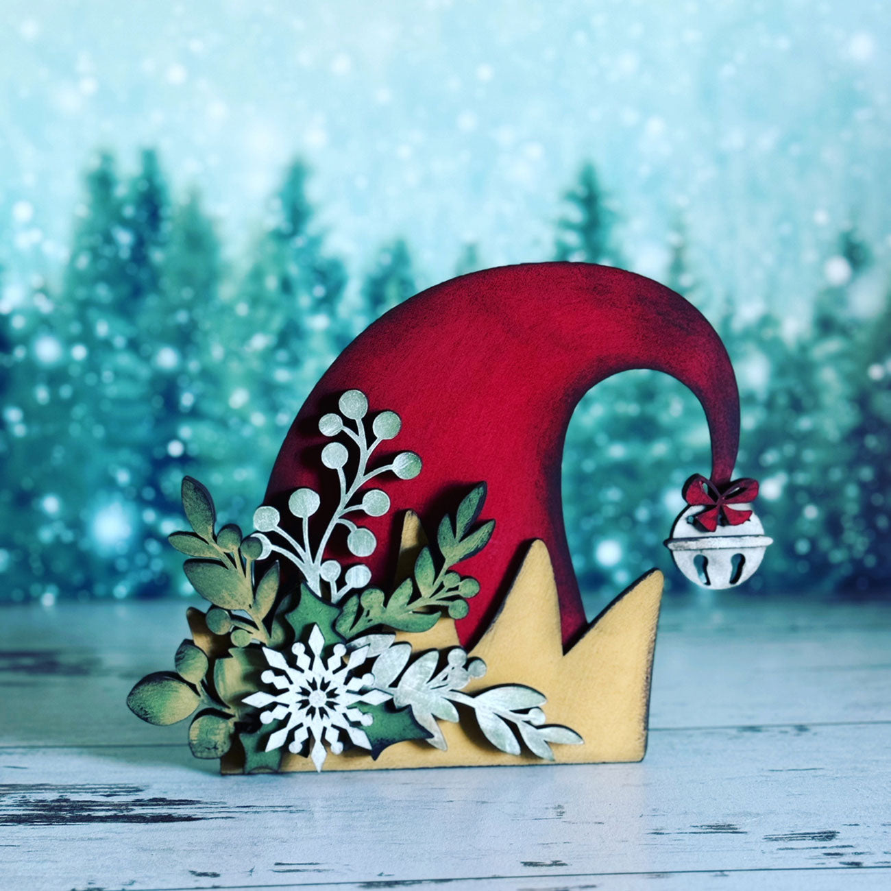 Mistletoe and Holly Adorned Elf Hat Shelf Sitter - Glowforge