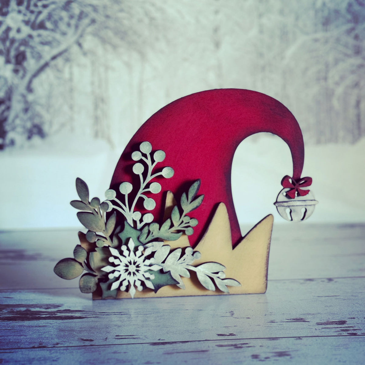 Mistletoe and Holly Adorned Elf Hat Shelf Sitter - Glowforge