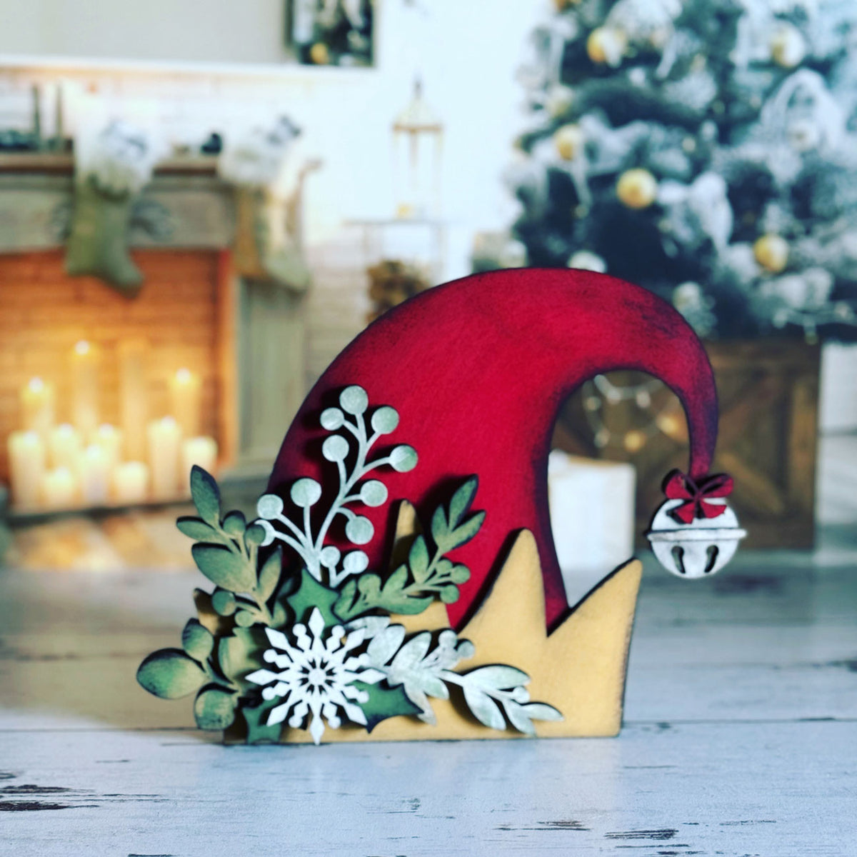Mistletoe and Holly Adorned Elf Hat Shelf Sitter - Glowforge
