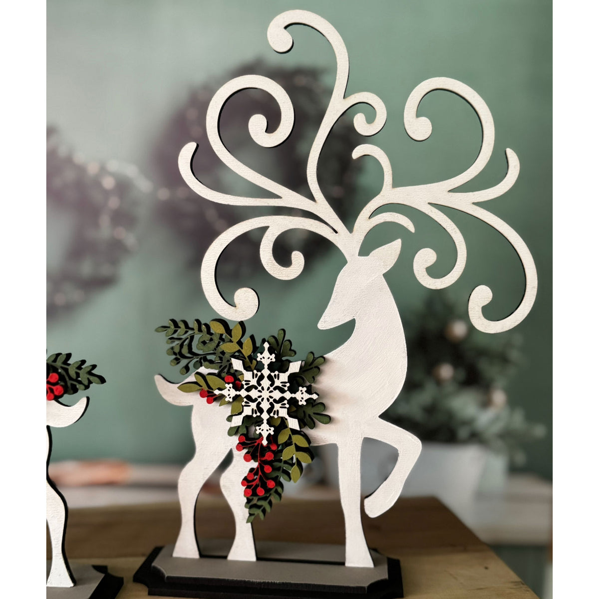 Mistletoe and Holly Adorned Reindeer Shelf Sitter - Glowforge