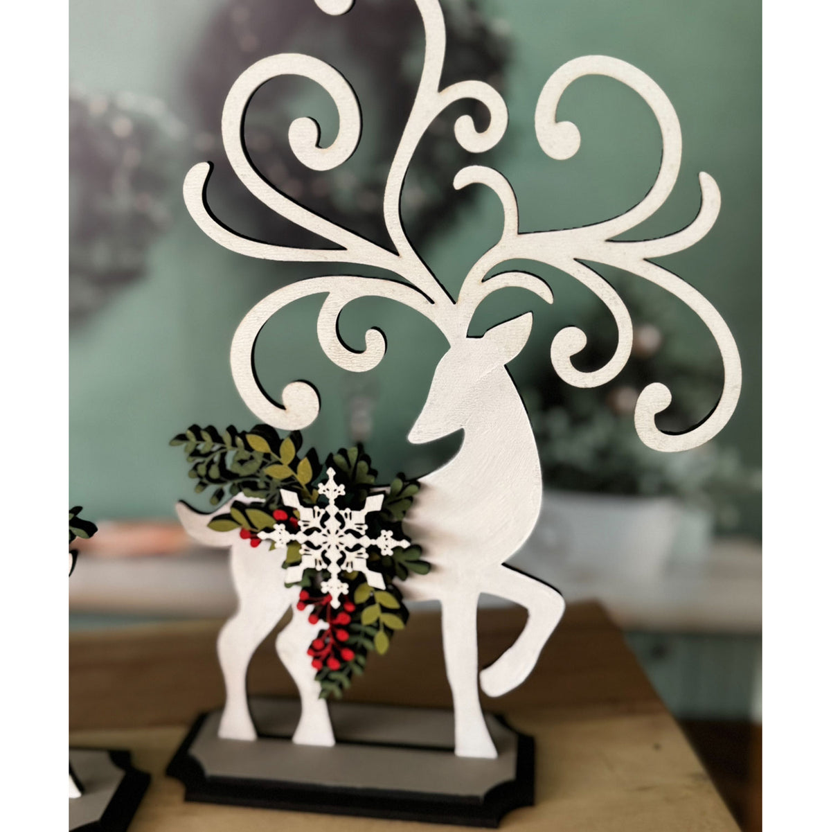 Mistletoe and Holly Adorned Reindeer Shelf Sitter - Glowforge
