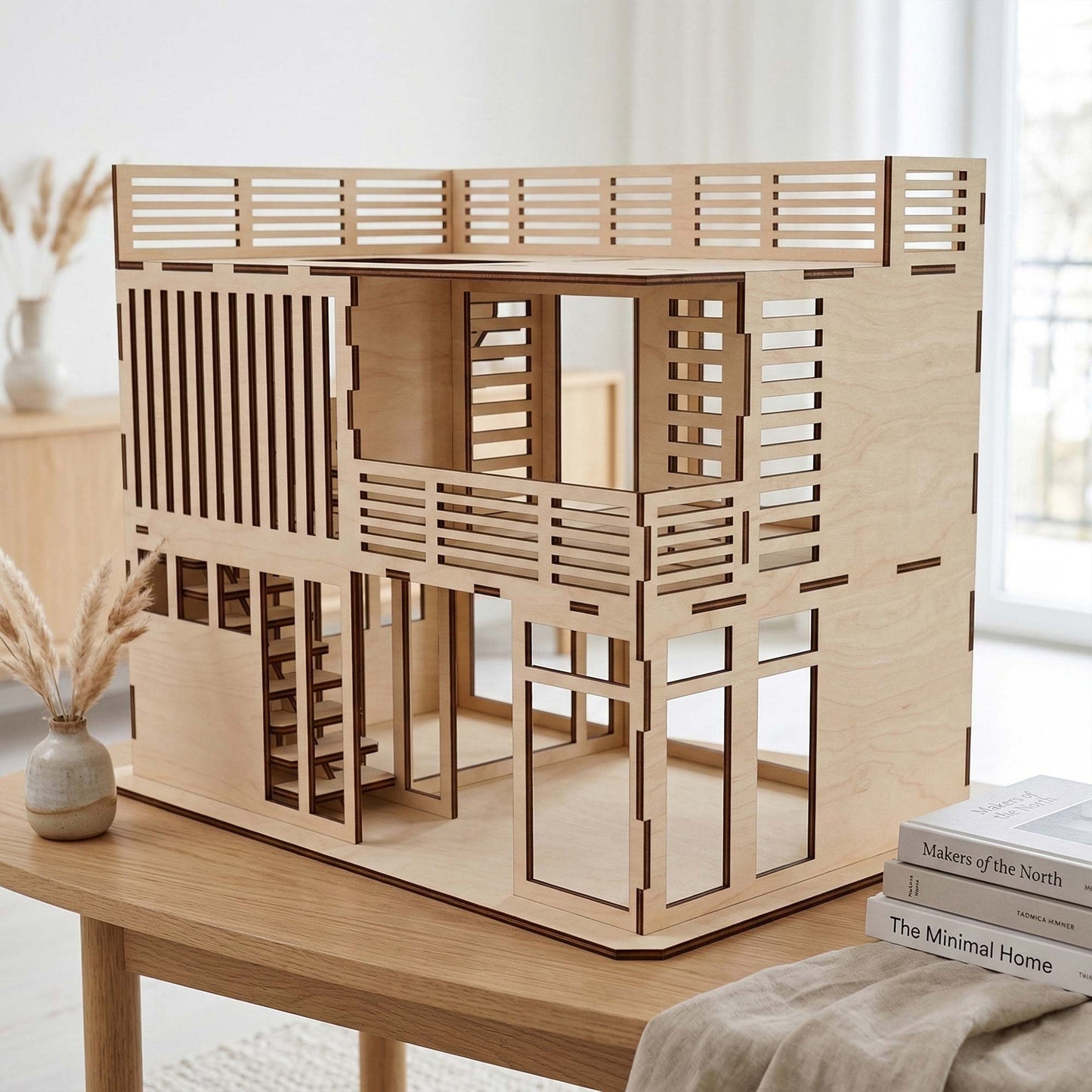Modern Dollhouse with Balcony & Stairs - Stylish Miniature House - Glowforge