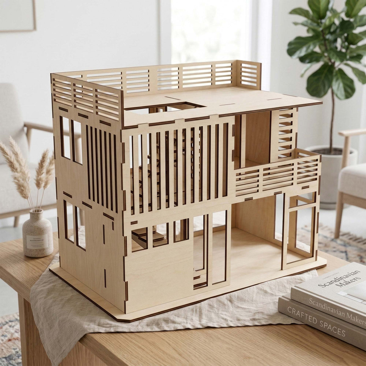 Modern Dollhouse with Balcony & Stairs - Stylish Miniature House - Glowforge