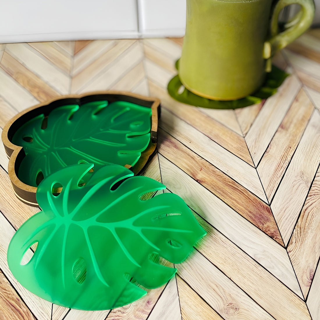 “Leave It to Me” – Monstera Leaf Coaster with Holder (Set of 5 ...