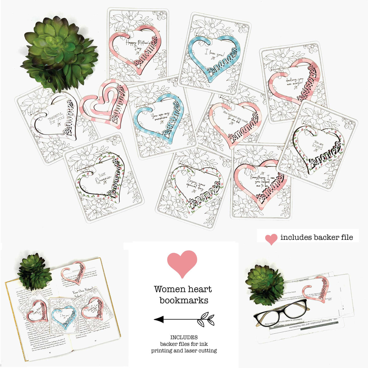 Mother’s Day Bookmark Bundle with Card Backer - Paperclip - Snack Bag Closure - Glowforge