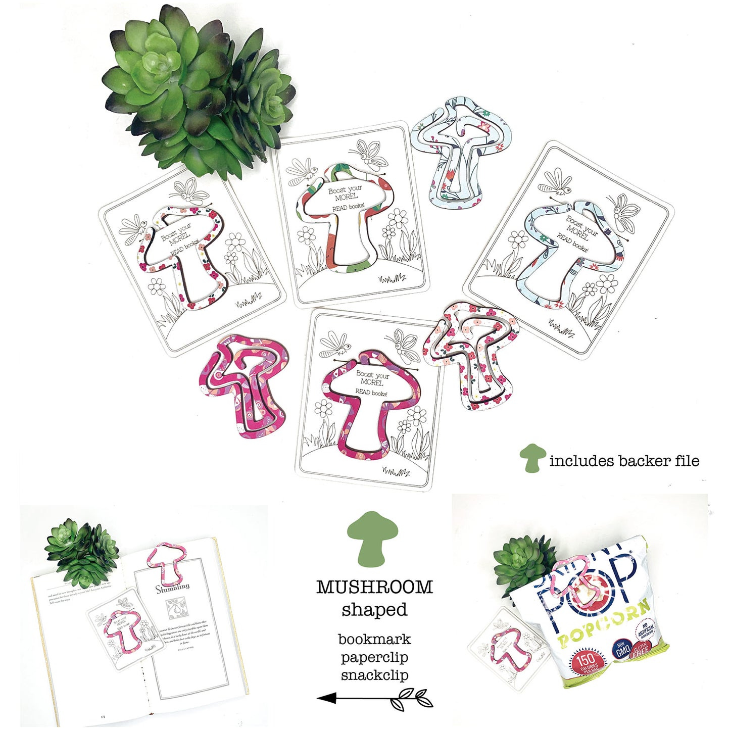 Mushroom Shaped Bookmark with Card Backer - Paperclip - Snack Bag Closure - Glowforge