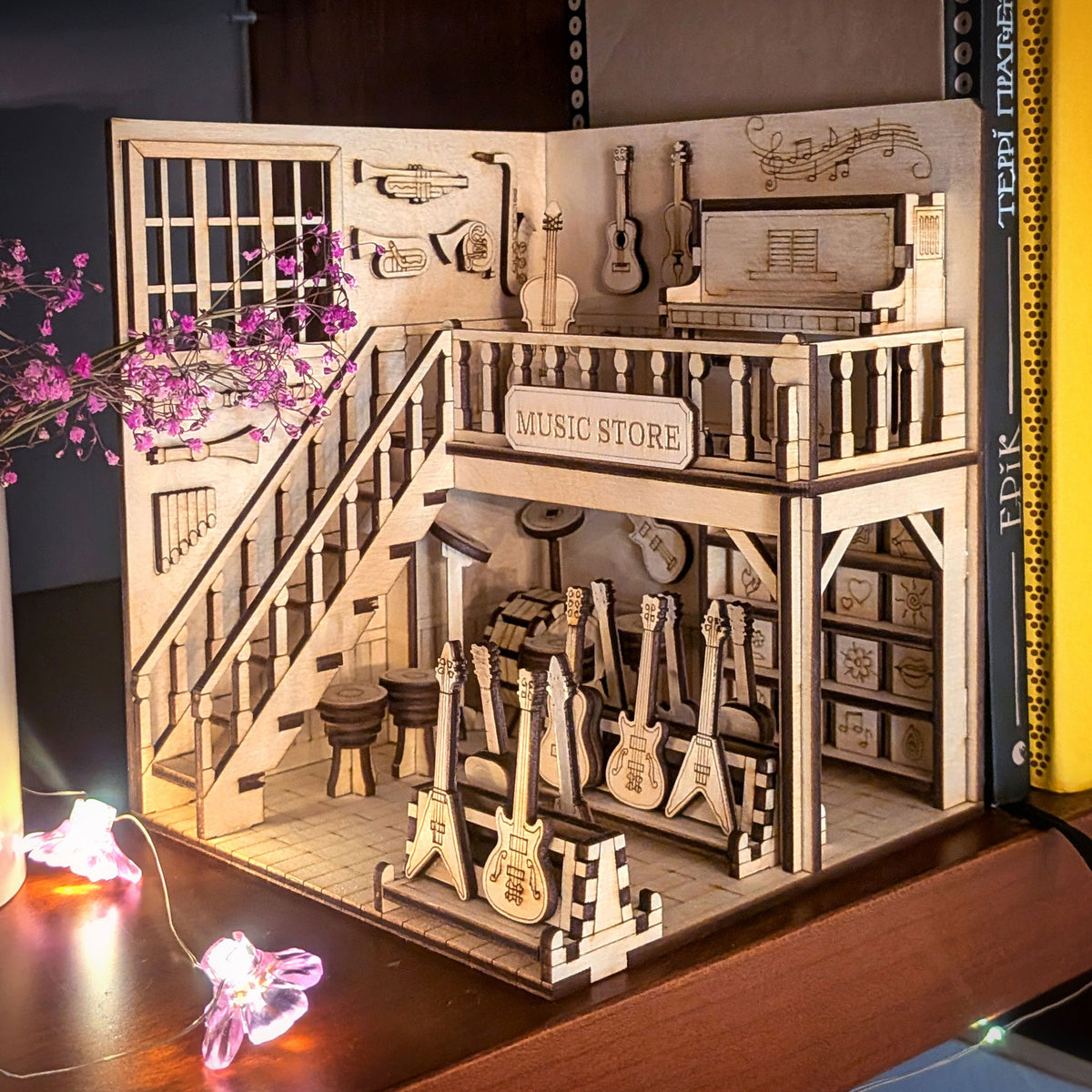 Music Store Book Nook - Miniature Diorama with Guitars, Drums & Piano - Glowforge