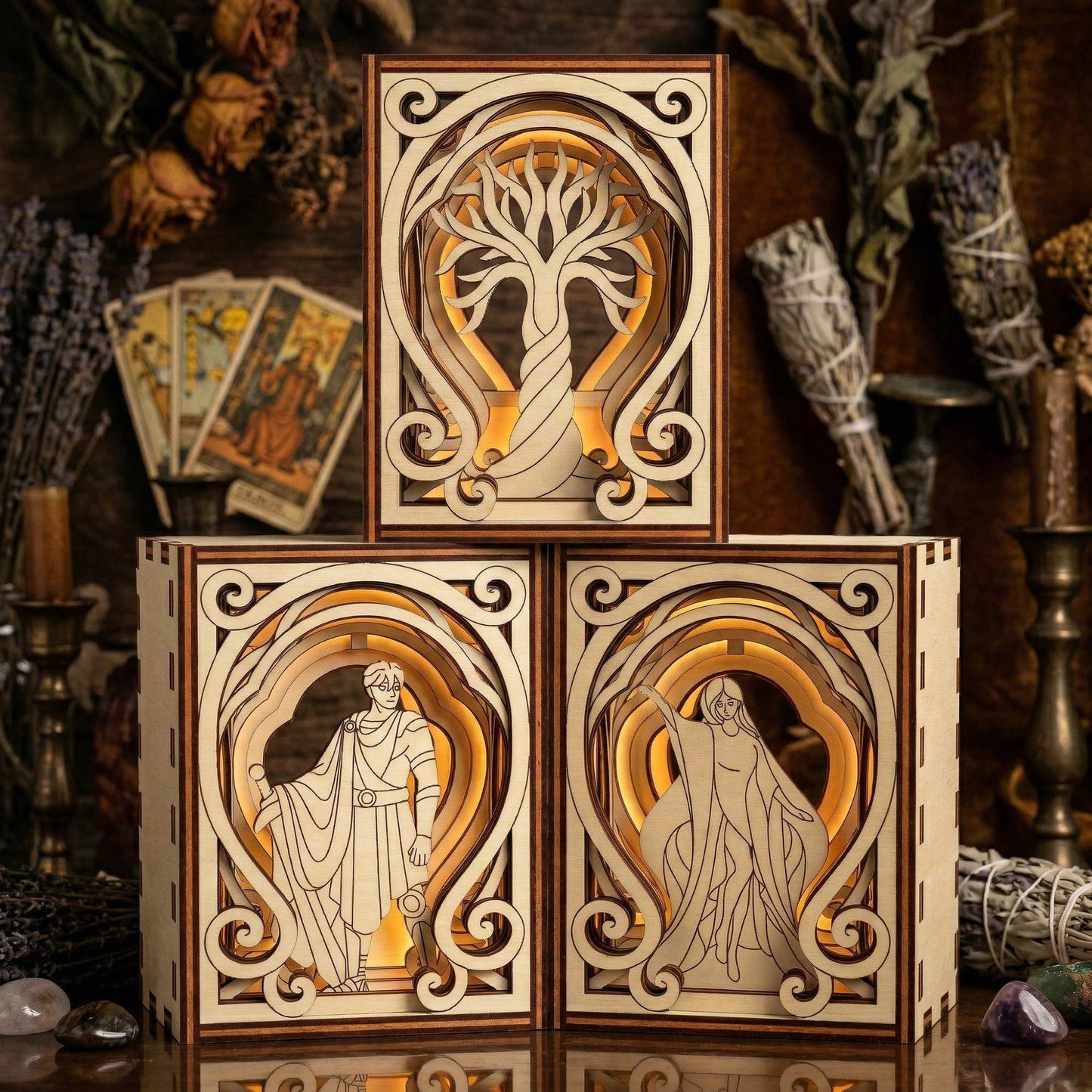 Mythology Centerpiece Mini Diorama - Warrior, Oracle & Sacred Tree - Glowforge