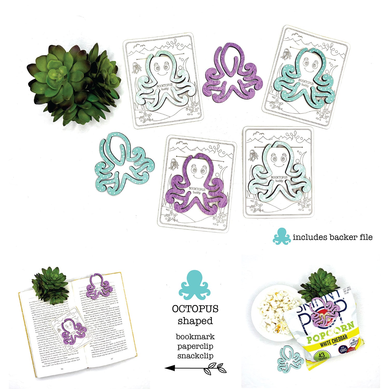 Octopus Shaped Bookmark with Card Backer - Paperclip - Snack Bag Closu ...