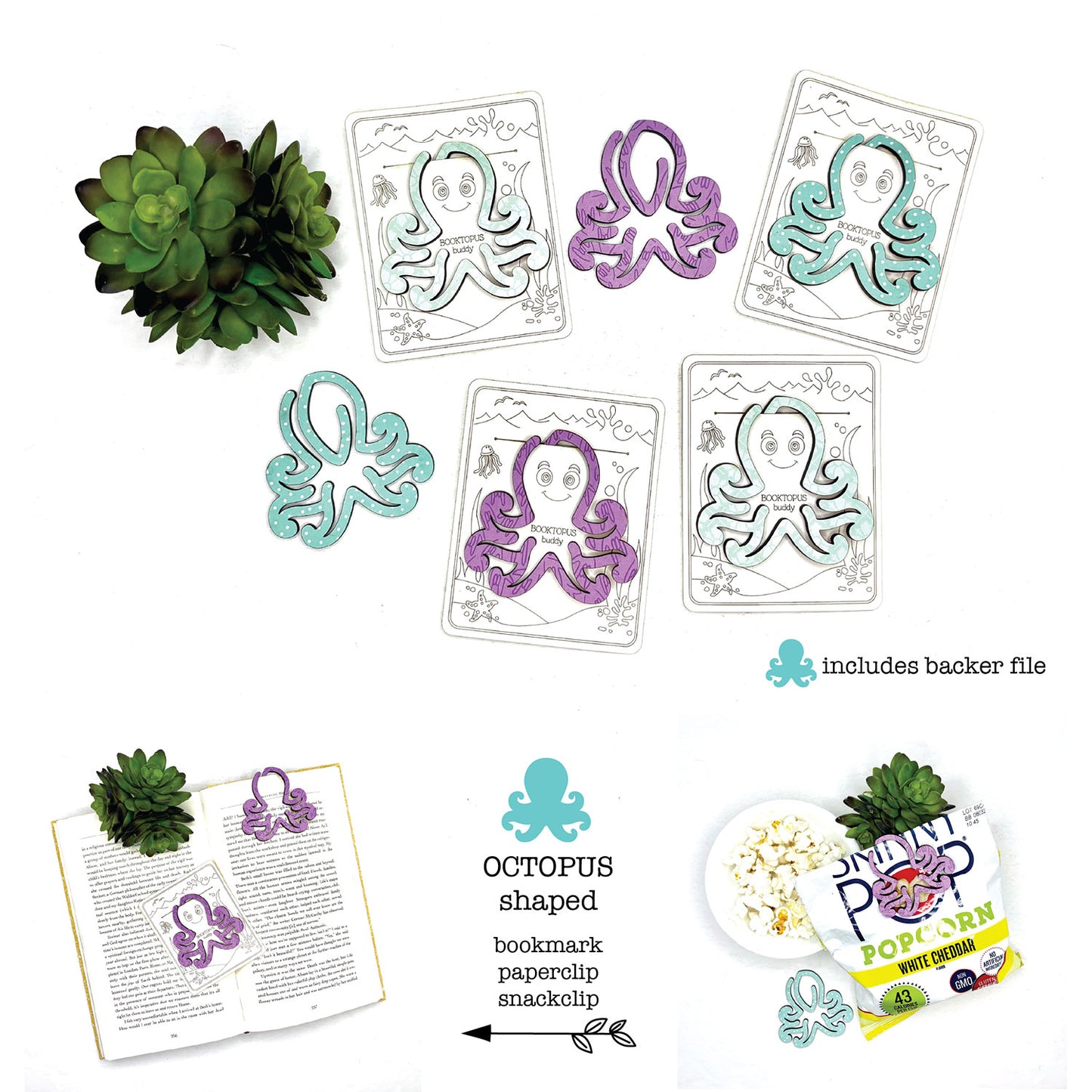 Octopus Shaped Bookmark with Card Backer - Paperclip - Snack Bag Closure - Glowforge