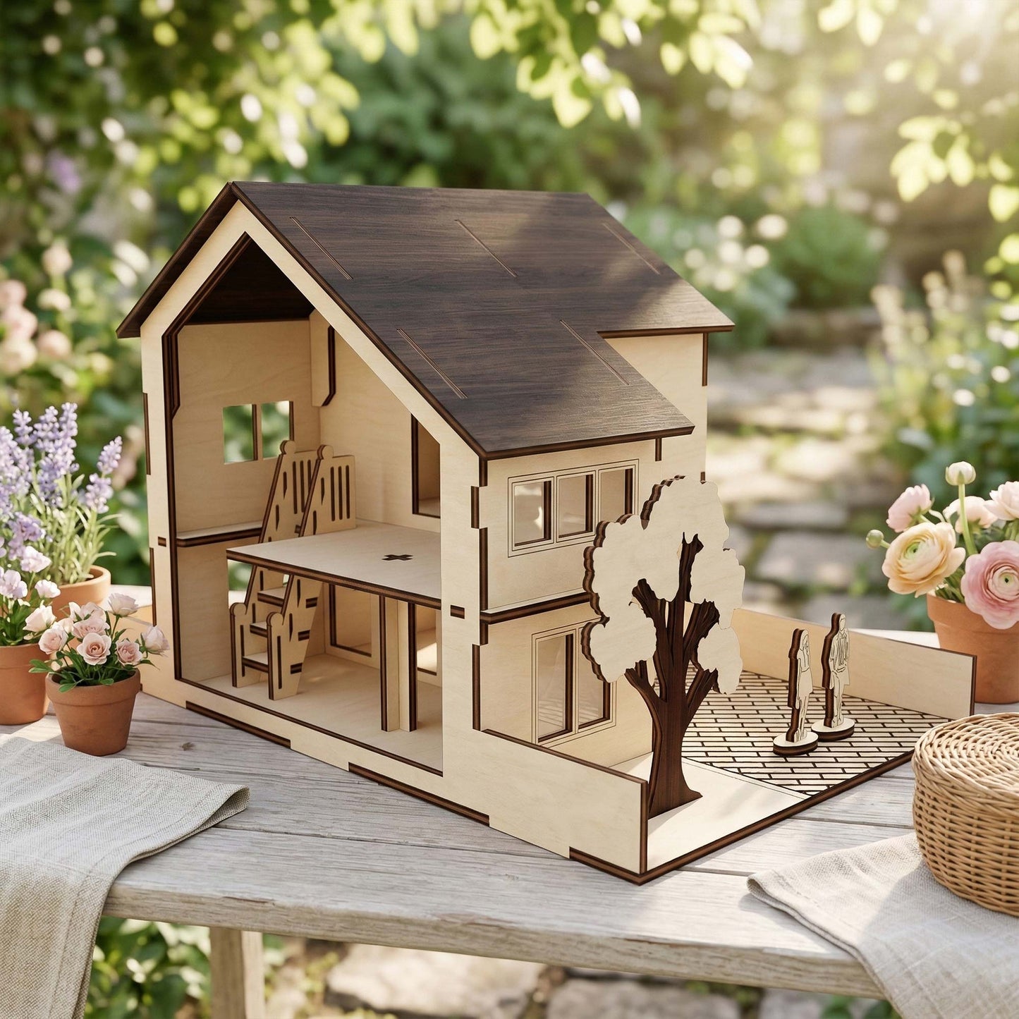 Open Back Modern Dollhouse - Miniature House with Character Figures - Glowforge