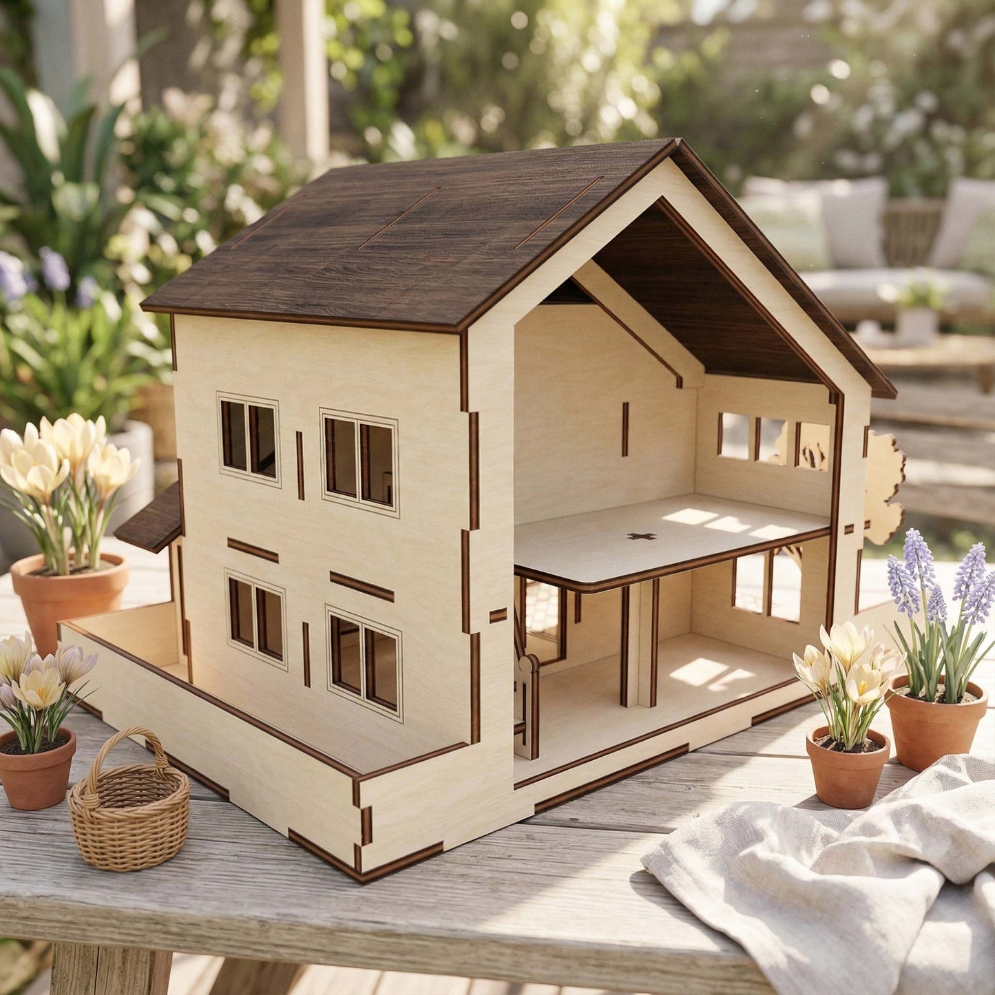 Open Back Modern Dollhouse - Miniature House with Character Figures - Glowforge