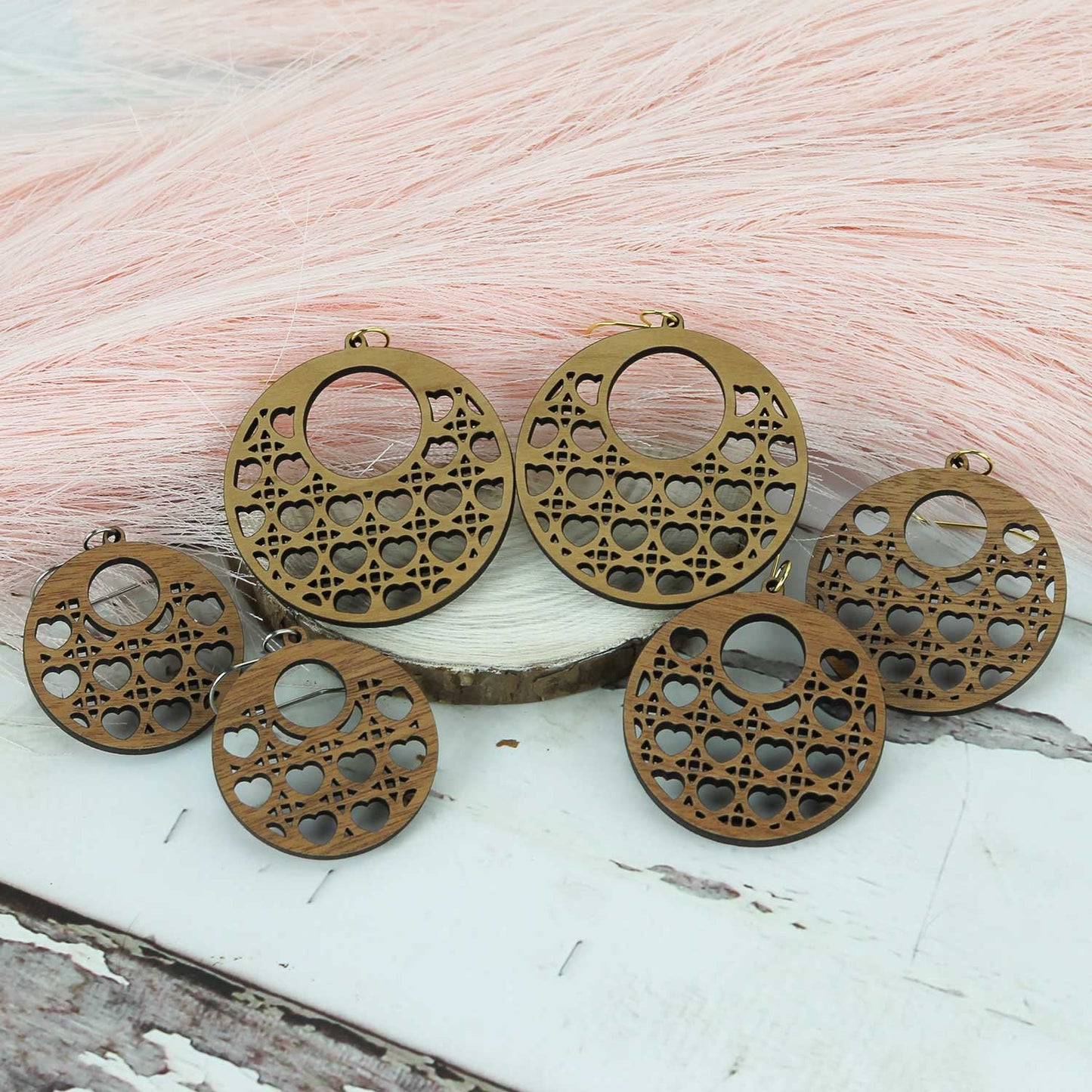 Open Circle Earrings with Heart Rattan Pattern - Valentines Earrings (Set of 3 Sizes) - Glowforge