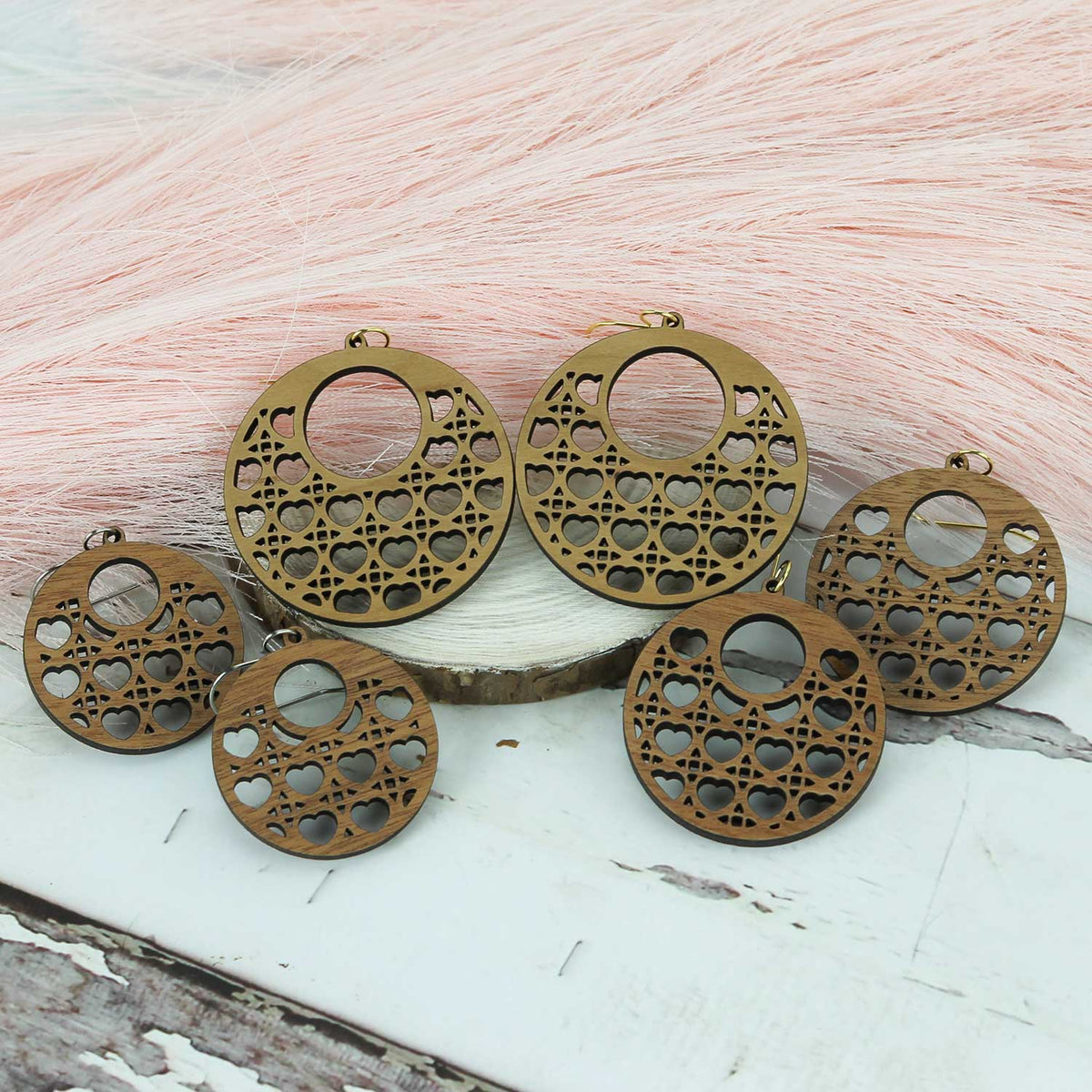 Open Circle Earrings with Heart Rattan Pattern - Valentines Earrings (Set of 3 Sizes) - Glowforge