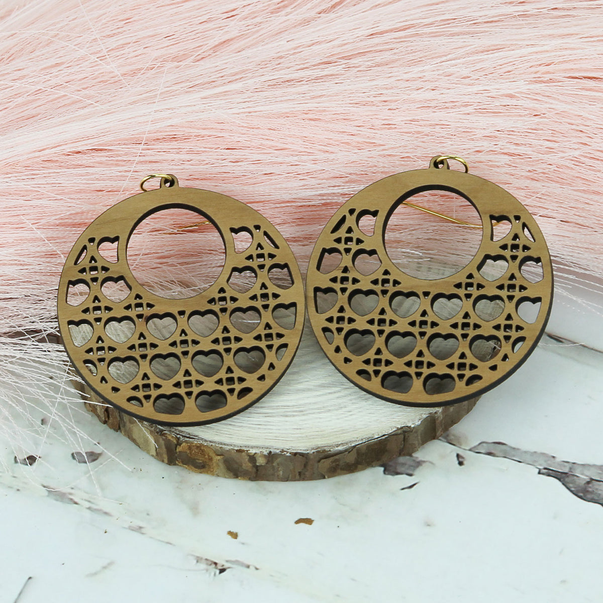 Open Circle Earrings with Heart Rattan Pattern - Valentines Earrings (Set of 3 Sizes) - Glowforge