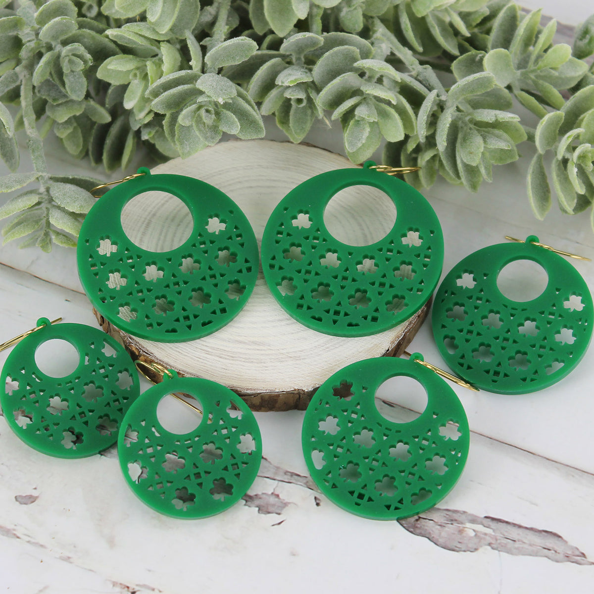 Open Circle Earrings with Shamrock Rattan Pattern - St. Patrick's Day Earrings (Set of 3 Sizes) - Glowforge