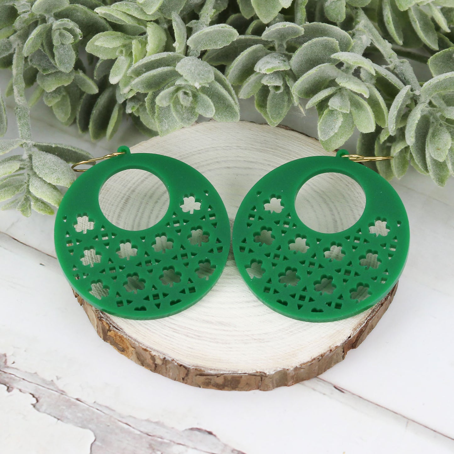 Open Circle Earrings with Shamrock Rattan Pattern - St. Patrick's Day Earrings (Set of 3 Sizes) - Glowforge