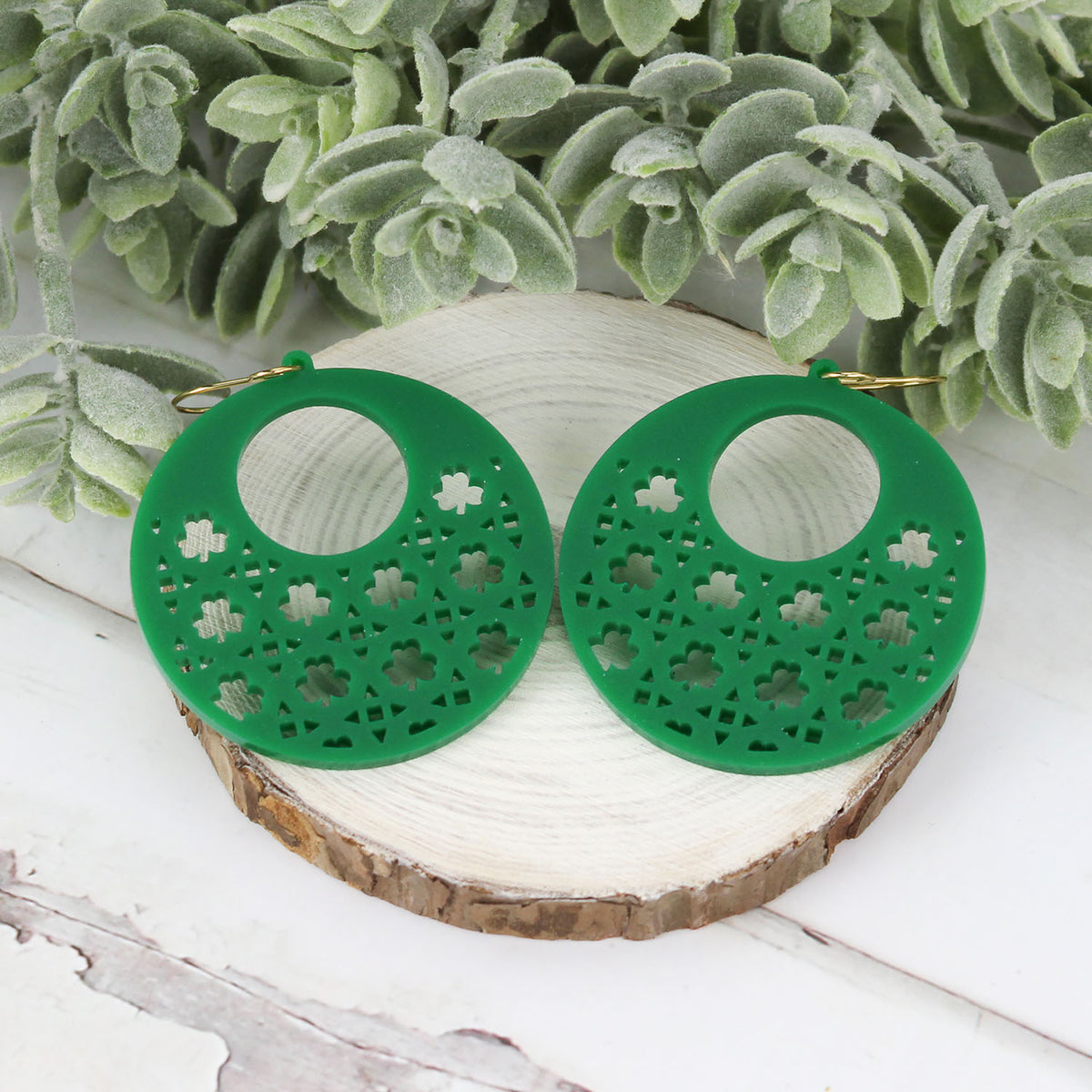 Open Circle Earrings with Shamrock Rattan Pattern - St. Patrick's Day Earrings (Set of 3 Sizes) - Glowforge