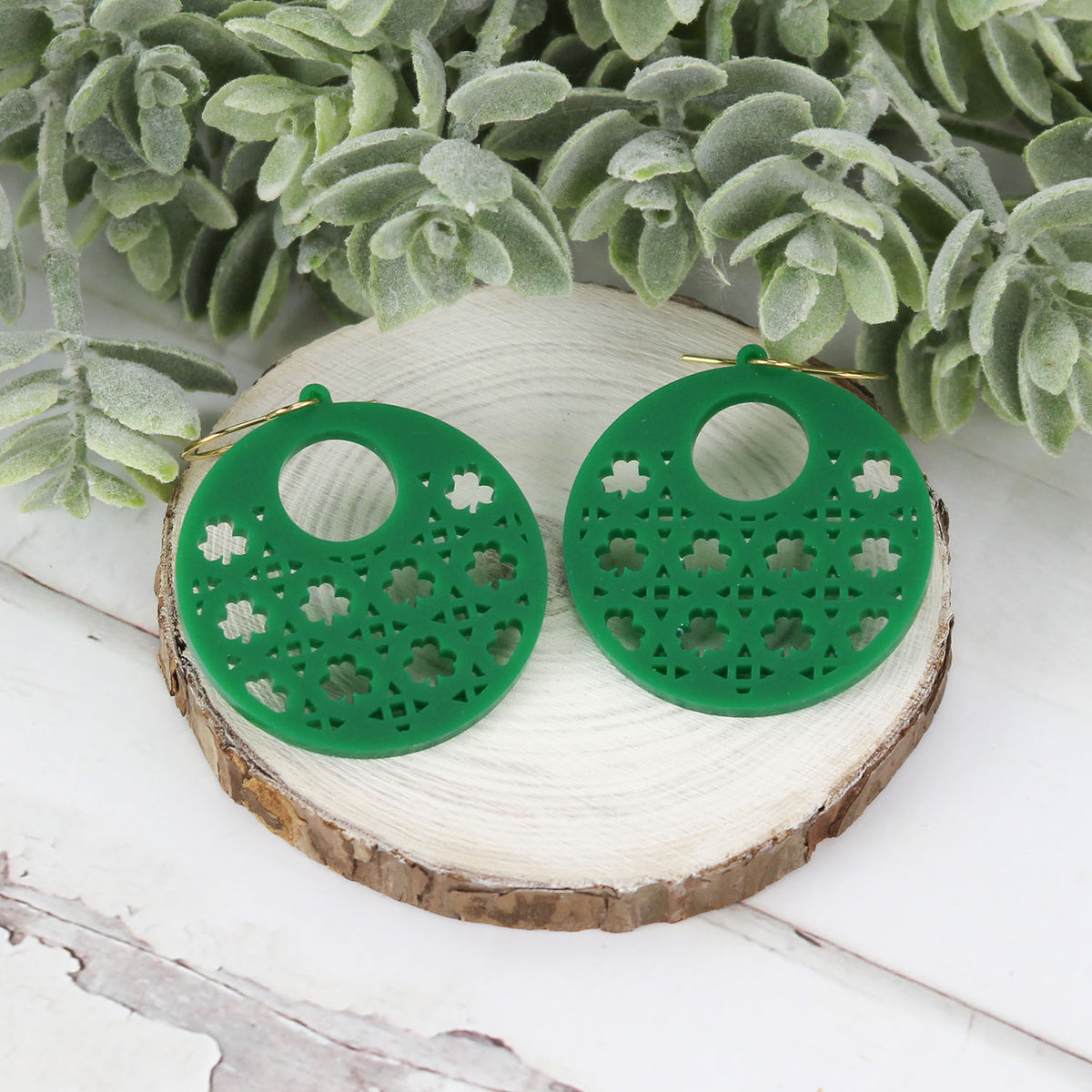 Open Circle Earrings with Shamrock Rattan Pattern - St. Patrick's Day Earrings (Set of 3 Sizes) - Glowforge