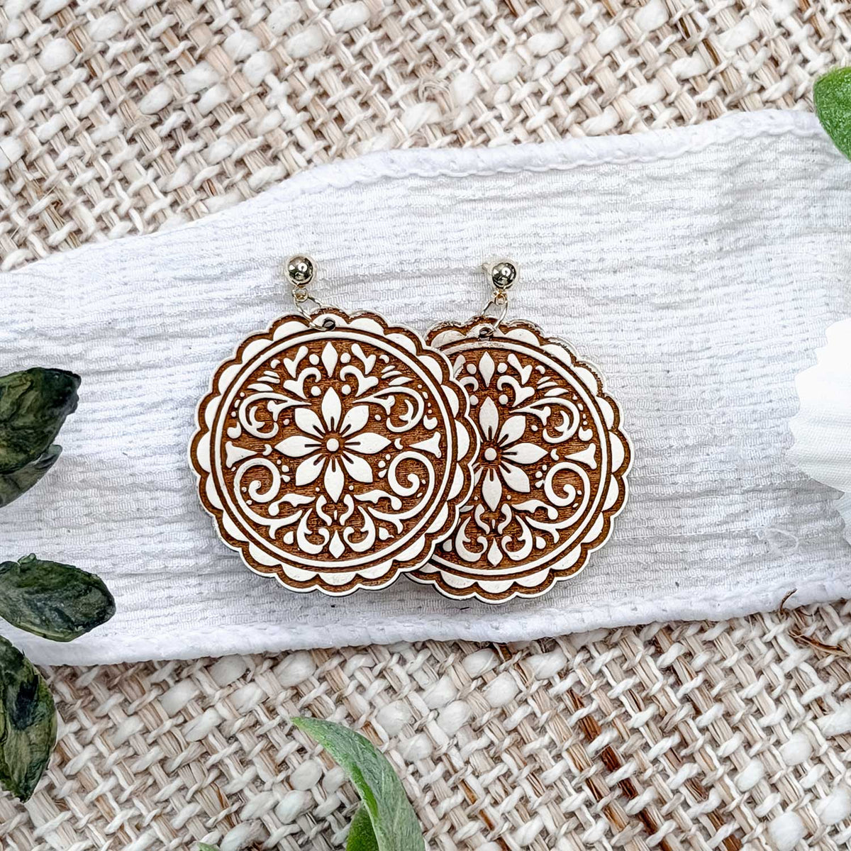 Ornate Floral Medallion Earrings with Scalloped Edge - Glowforge