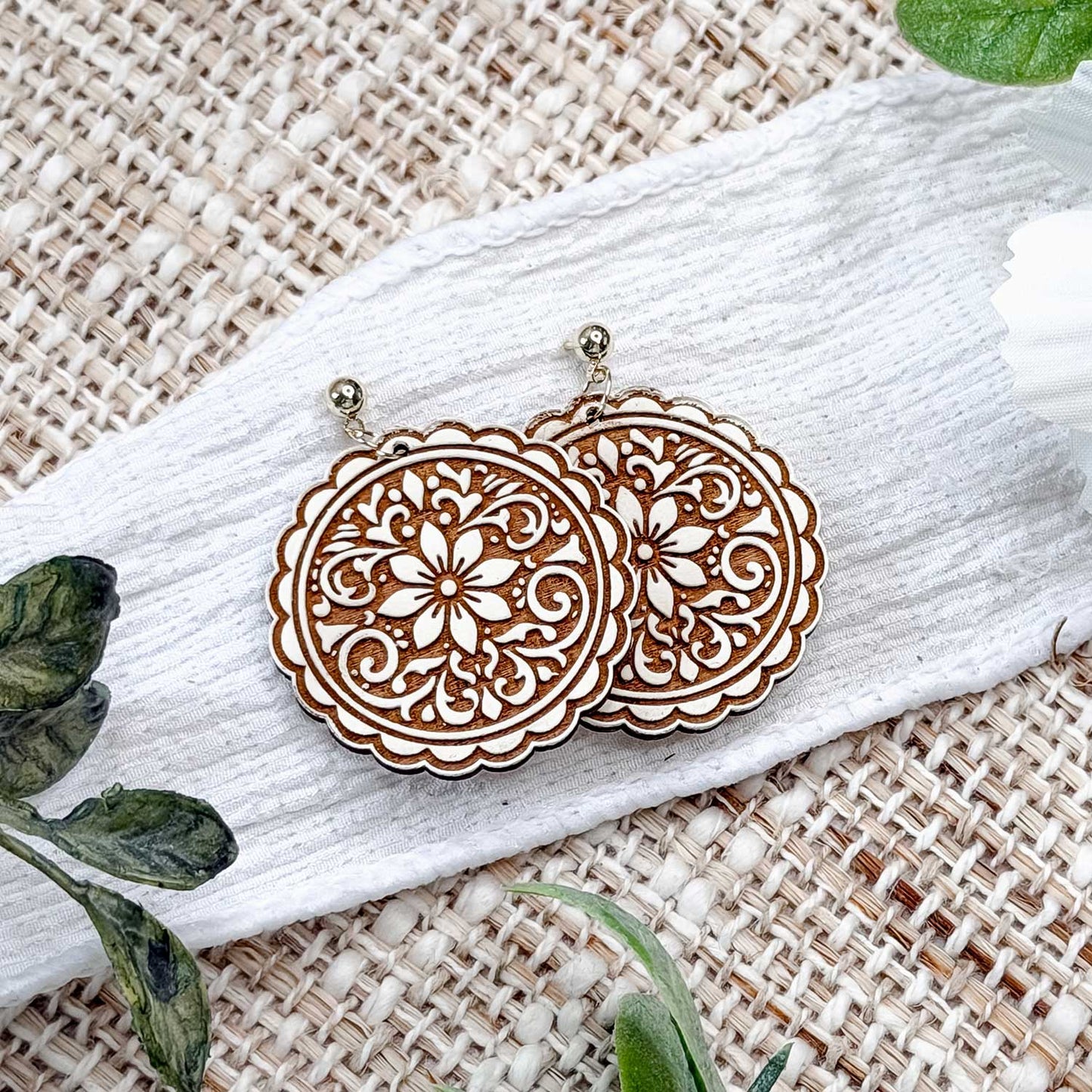 Ornate Floral Medallion Earrings with Scalloped Edge - Glowforge
