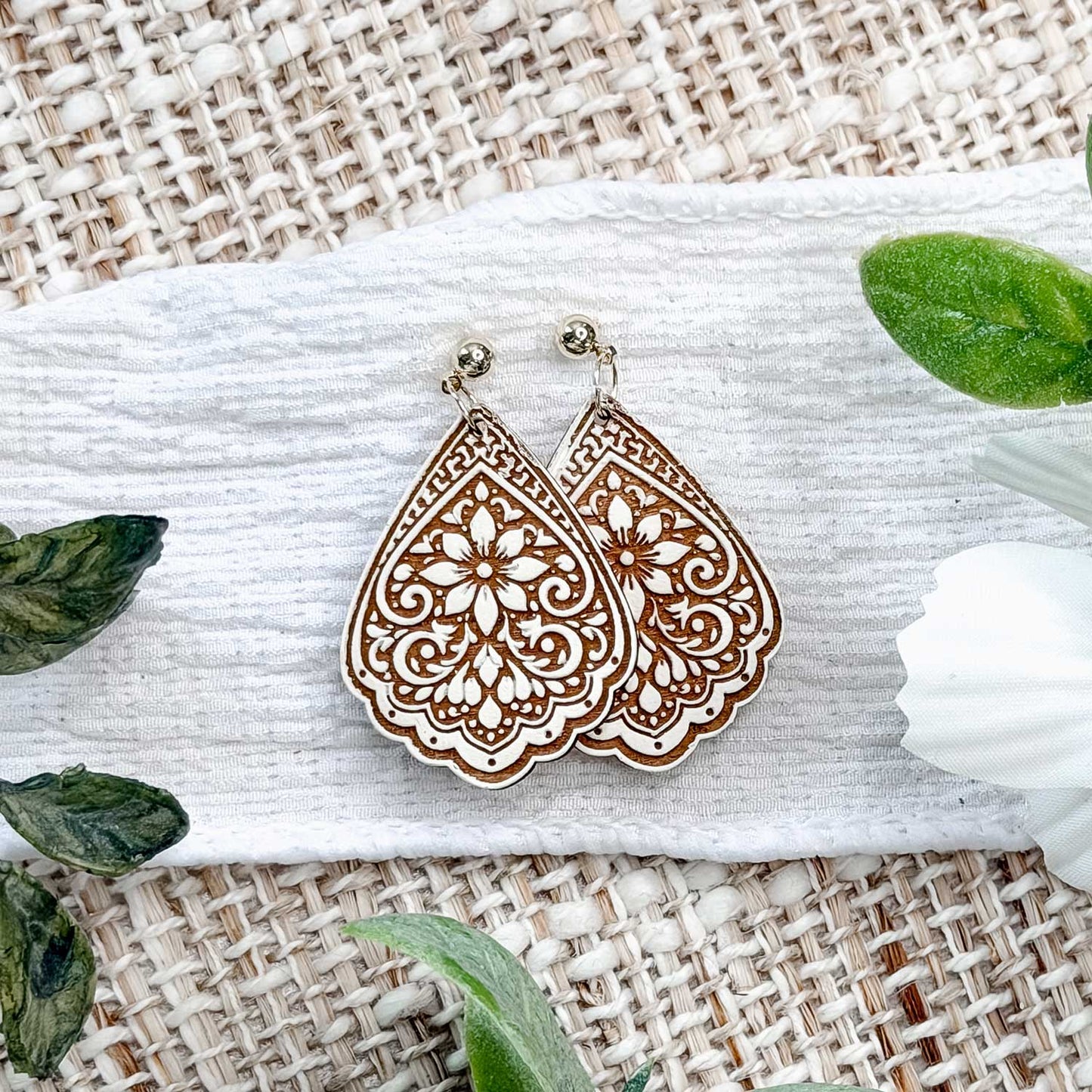 Ornate Floral Teardrop Earrings with Scalloped Edge - Glowforge