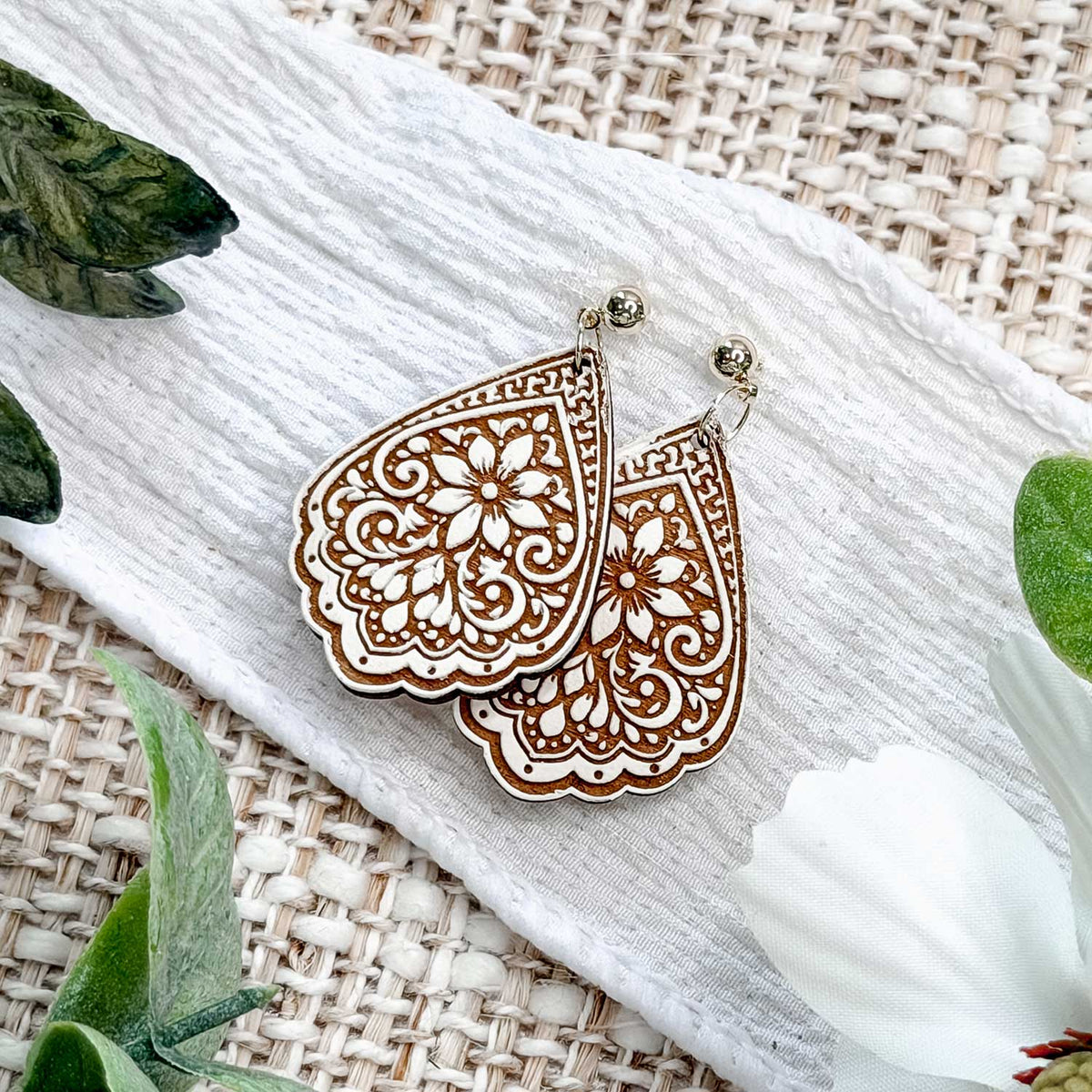 Ornate Floral Teardrop Earrings with Scalloped Edge - Glowforge