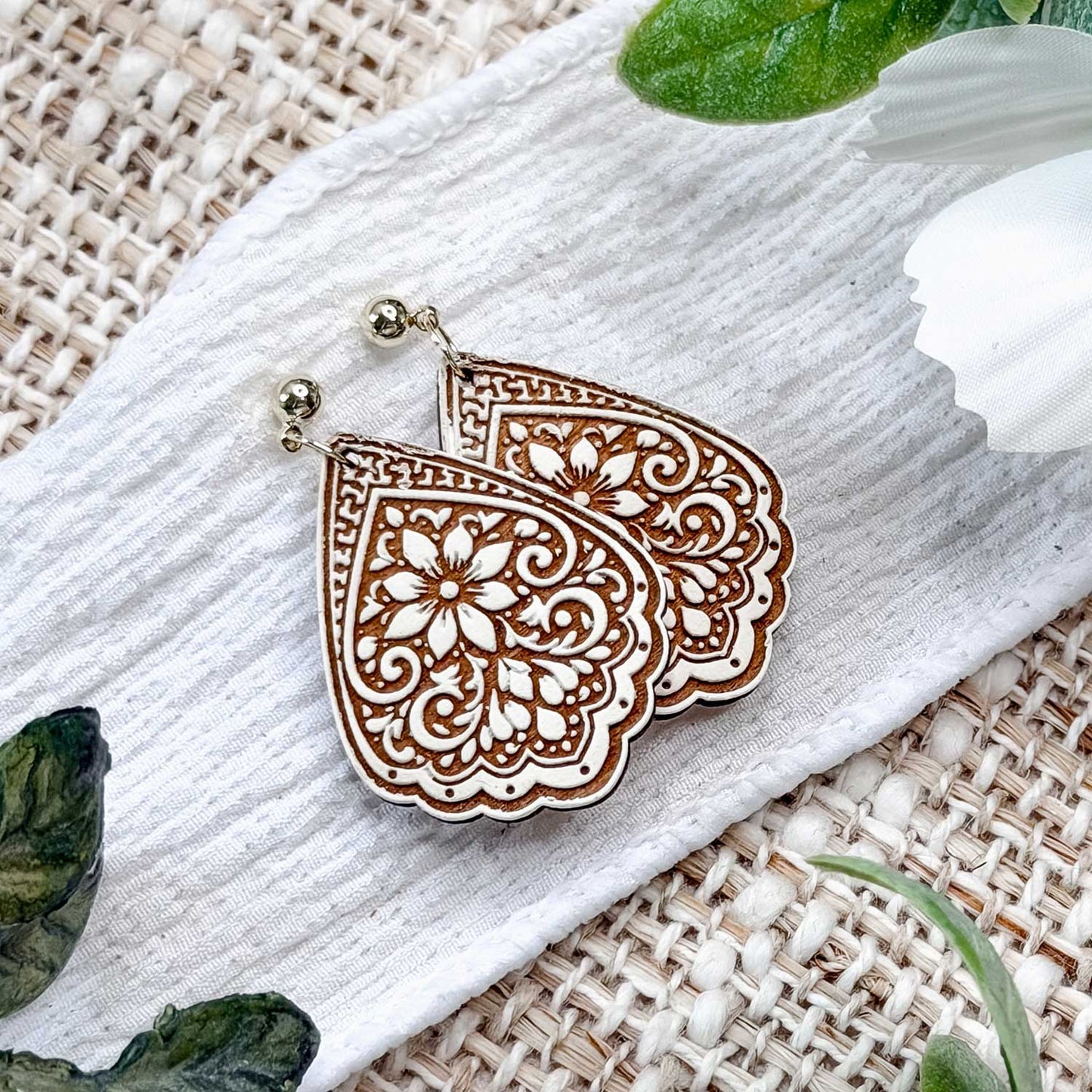 Ornate Floral Teardrop Earrings with Scalloped Edge - Glowforge