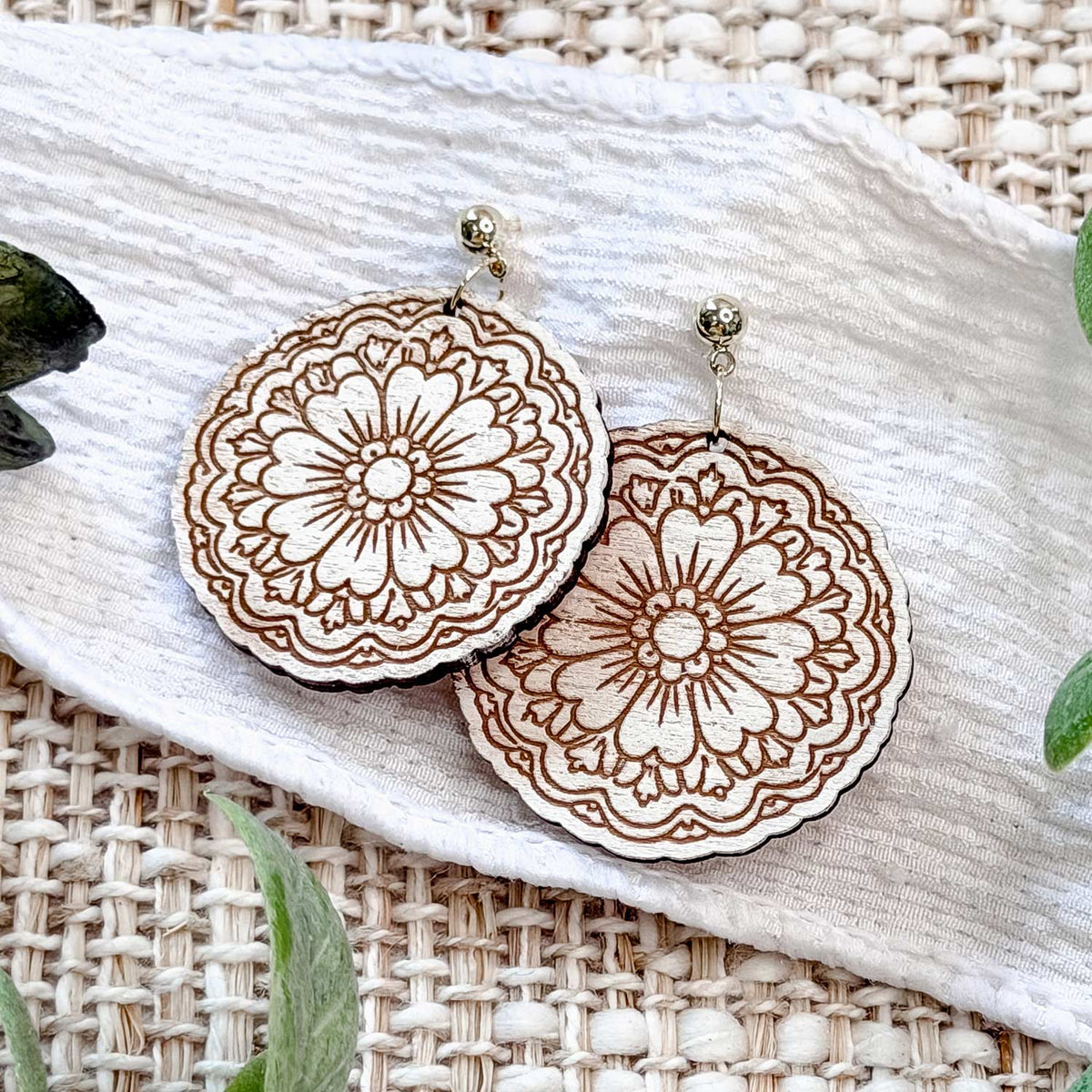 Ornate Round Floral Earrings with Engraved Details - Glowforge