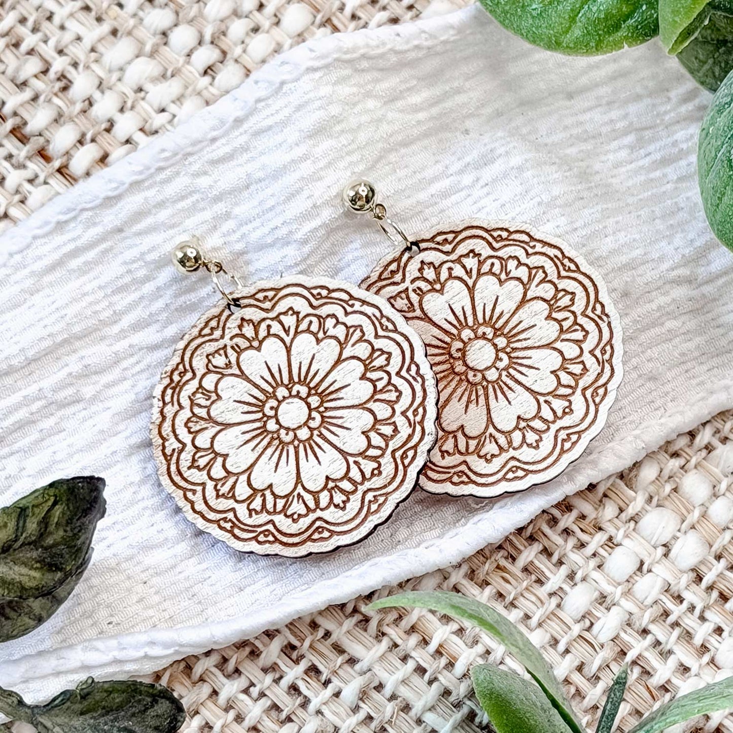 Ornate Round Floral Earrings with Engraved Details - Glowforge