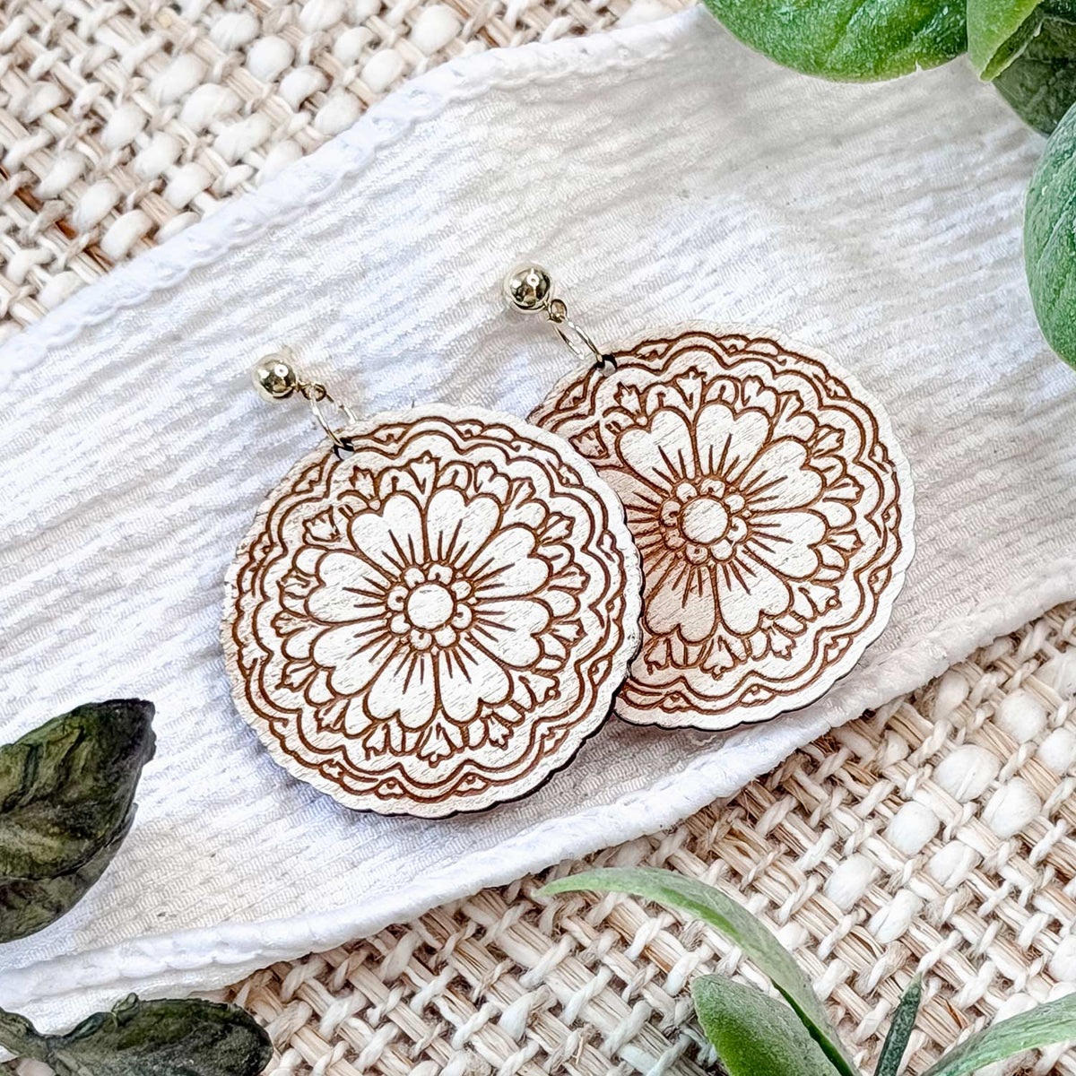Ornate Round Floral Earrings with Engraved Details - Glowforge