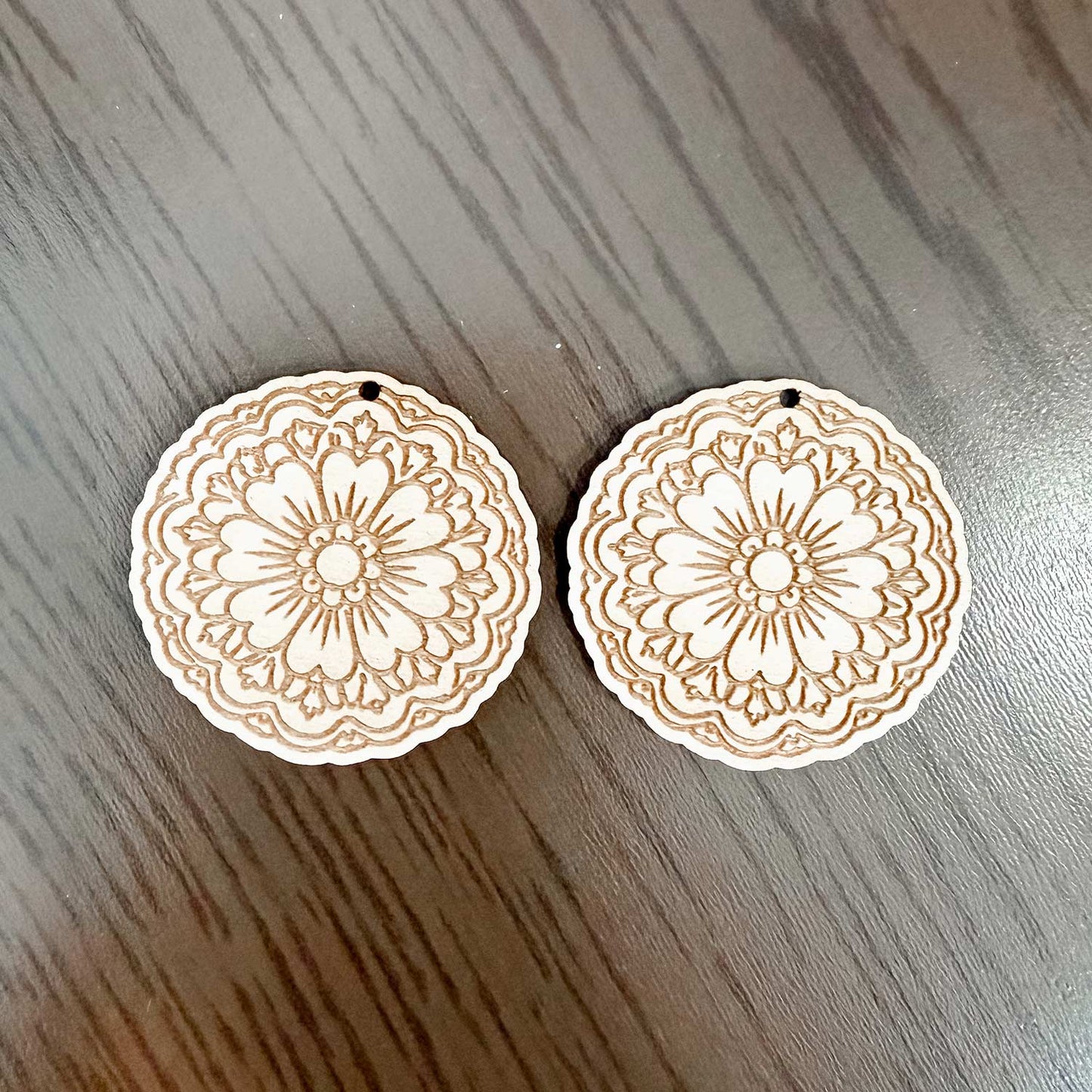 Ornate Round Floral Earrings with Engraved Details - Glowforge