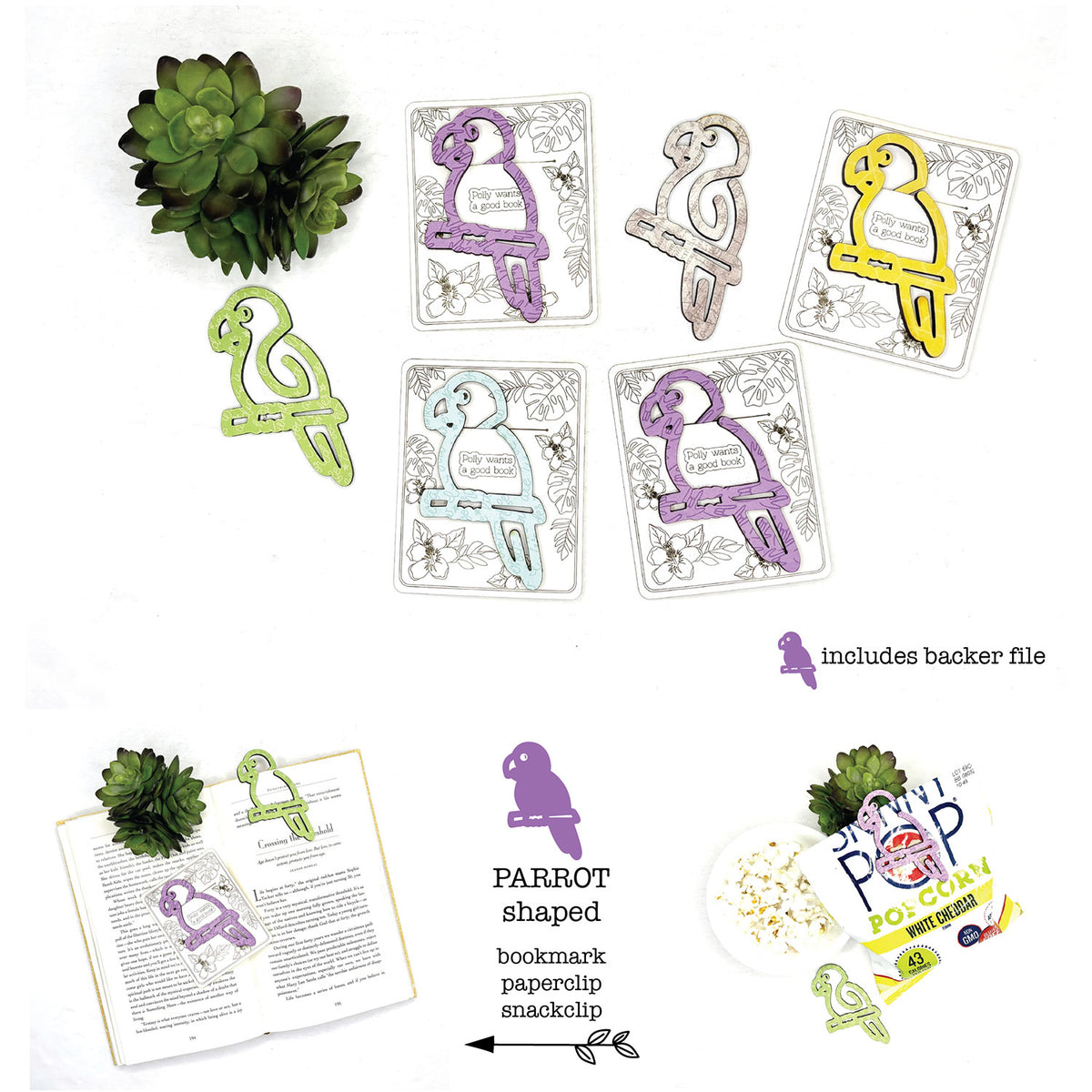Parrot Shaped Bookmark with Card Backer - Paperclip - Snack Bag Closure - Glowforge