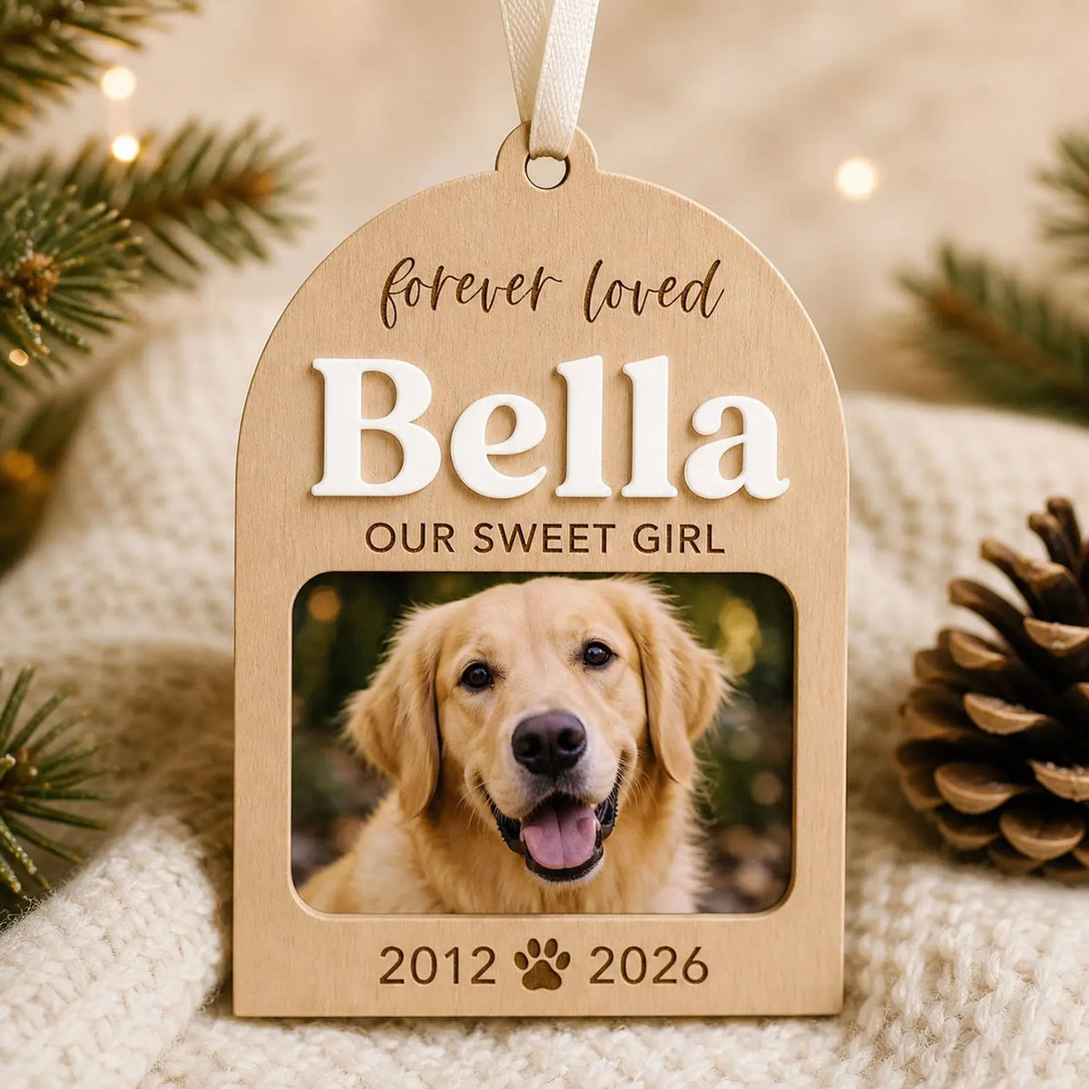 Personalizable Arched Pet Memorial Photo Ornament - Glowforge