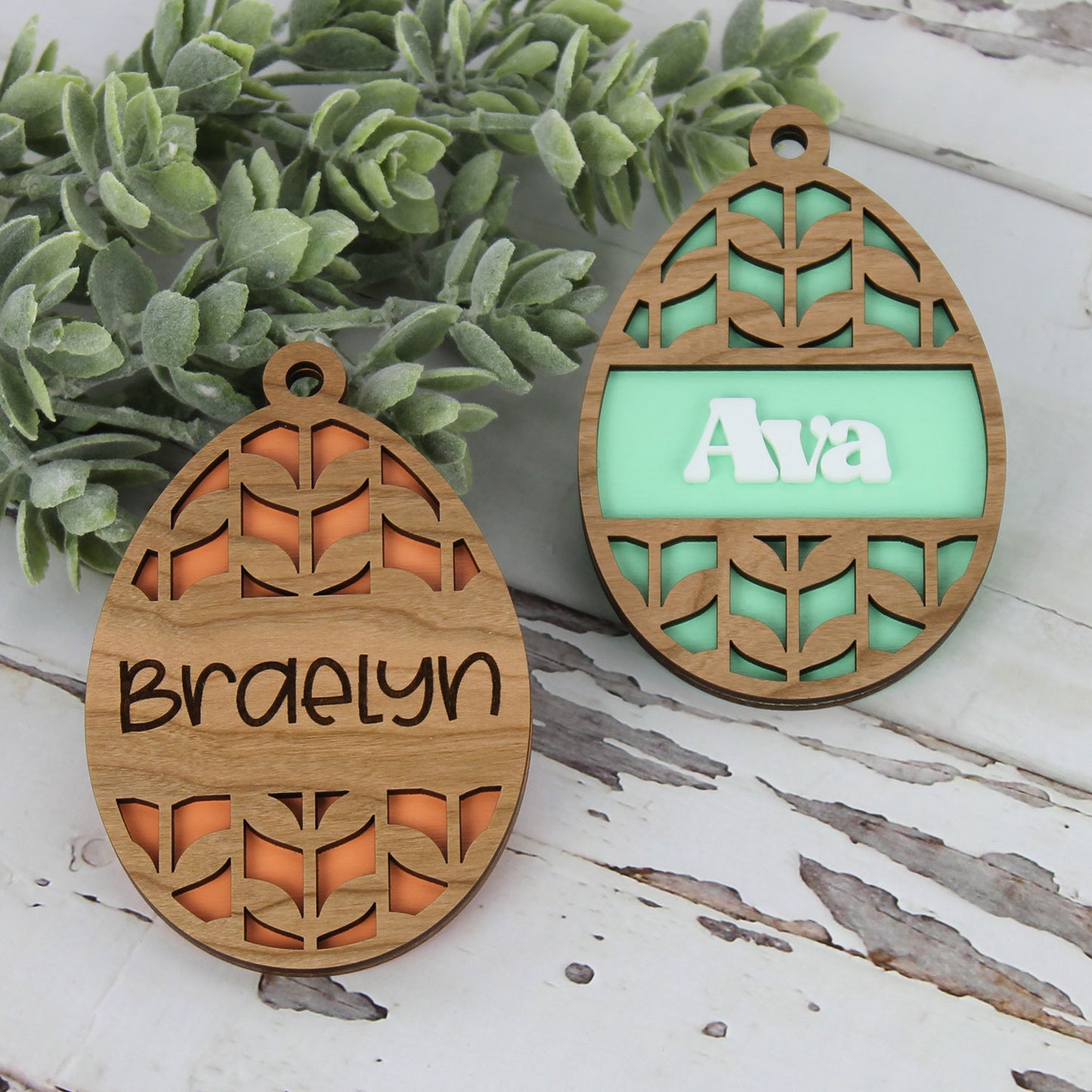 Personalizable Easter Basket Tags - Egg Tag with Retro Leaf Pattern (Set of 2)