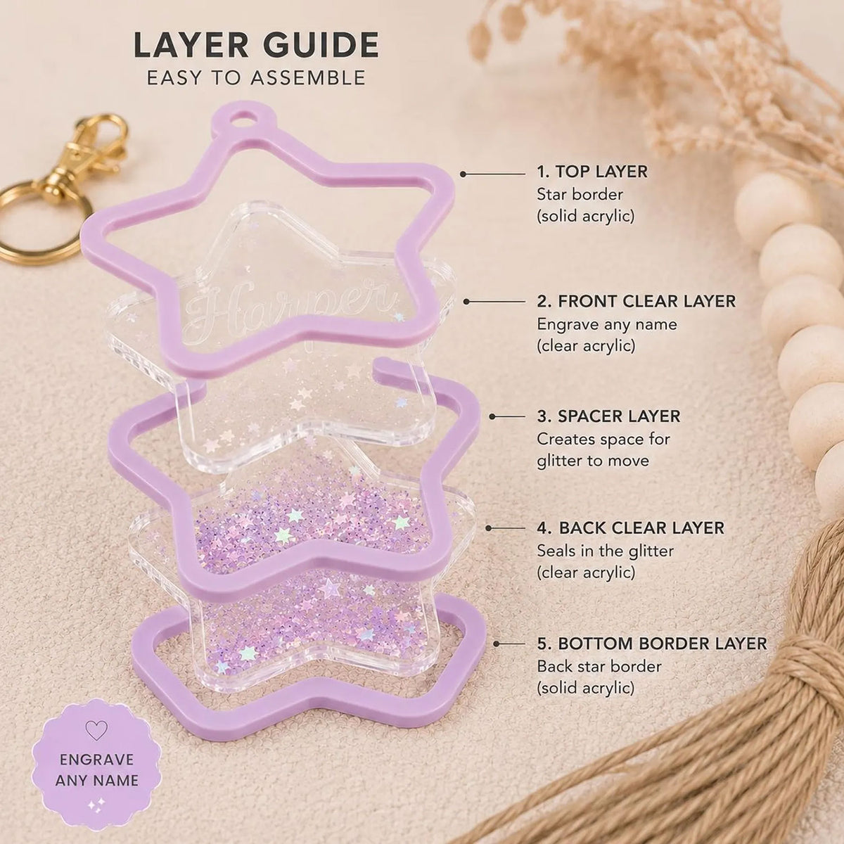 Personalizable Glittery Star Shaker Keychain - Glowforge