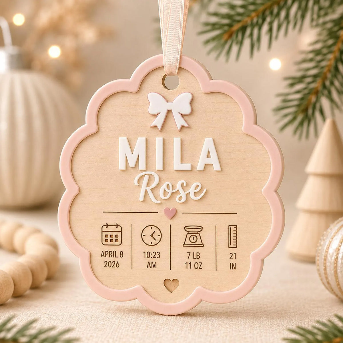 Personalizable Scalloped Birth Stats Ornament - Glowforge
