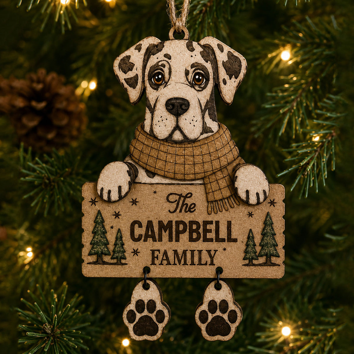 Personalized Dog Family Ornament with Dangling Paw Prints - Great Dane - Glowforge