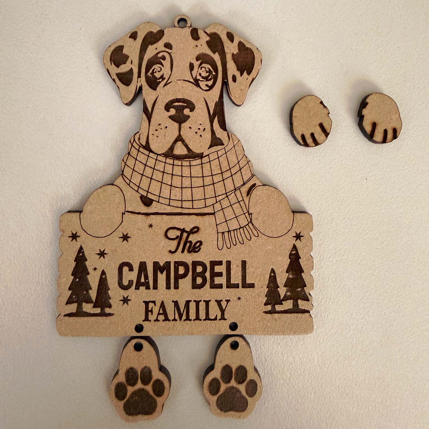 Personalized Dog Family Ornament with Dangling Paw Prints - Great Dane - Glowforge