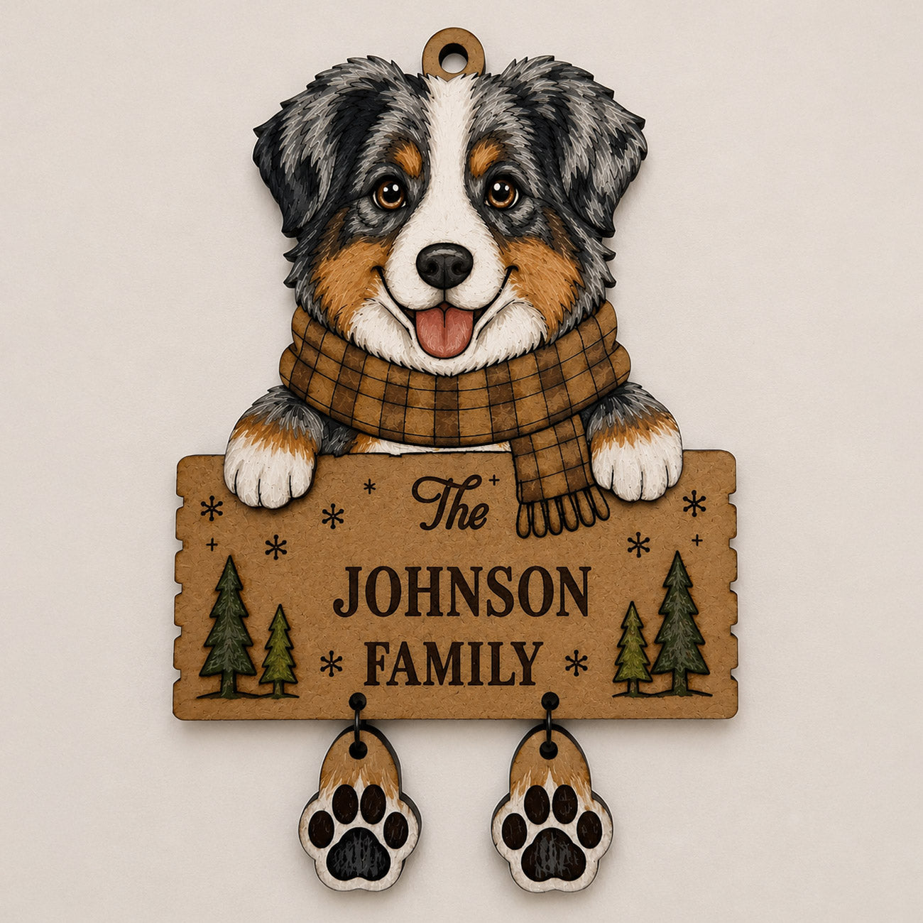 Personalized Dog Family Ornament with Dangling Paws - Australian Shepherd - Glowforge