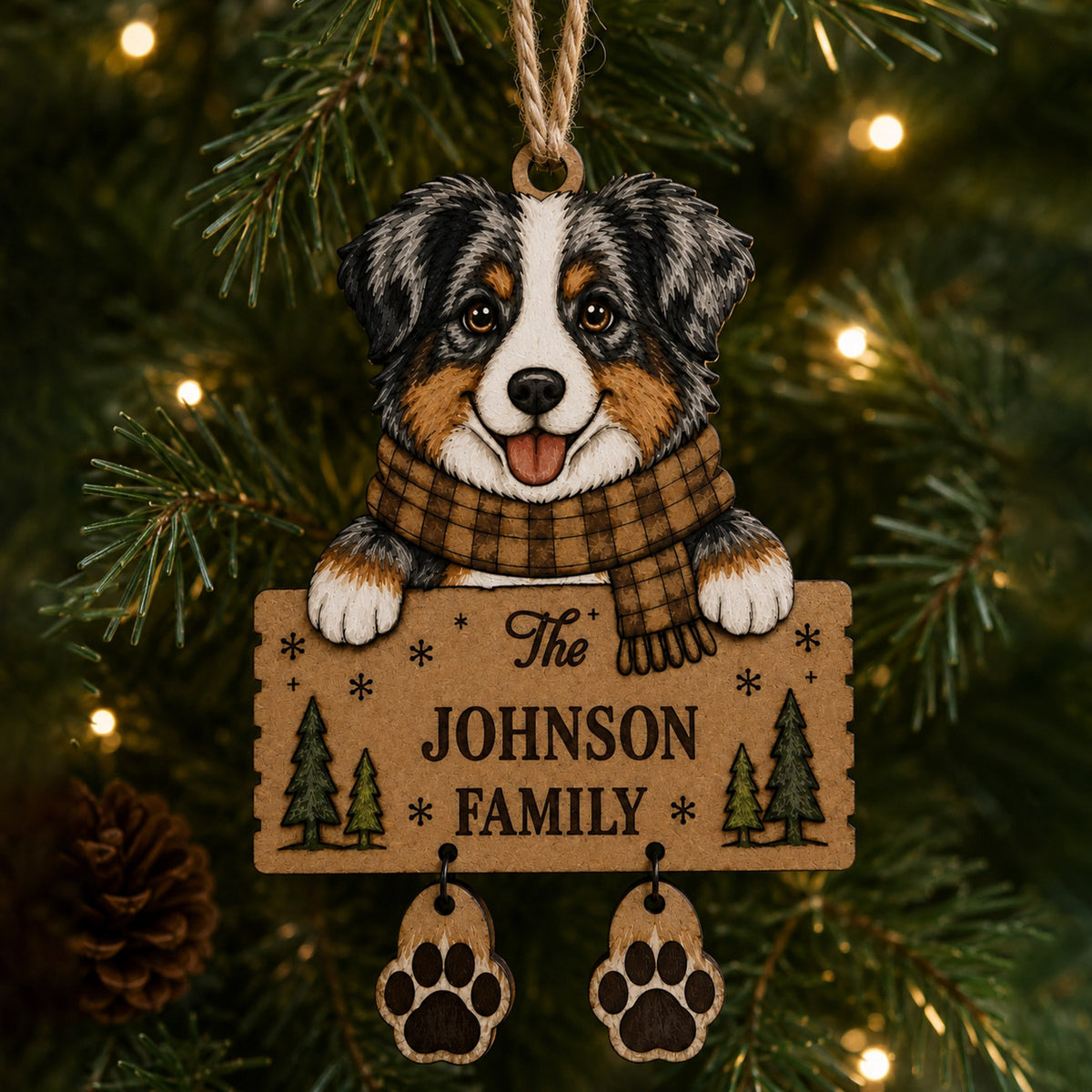 Personalized Dog Family Ornament with Dangling Paws - Australian Shepherd - Glowforge