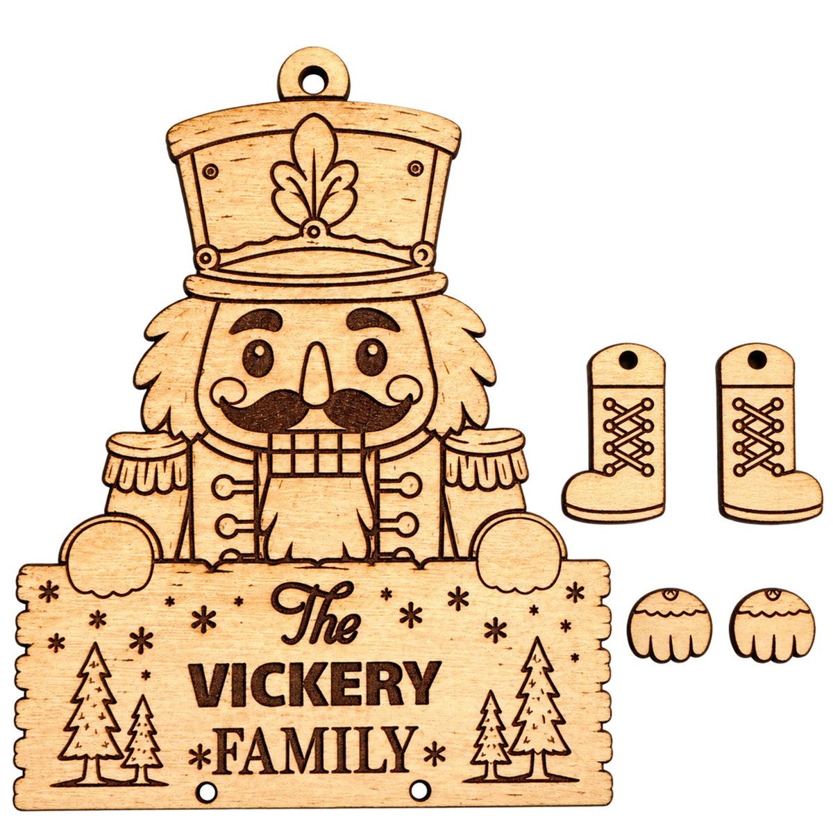Personalized Nutcracker Family Christmas Ornament with Dangling Boots - Glowforge